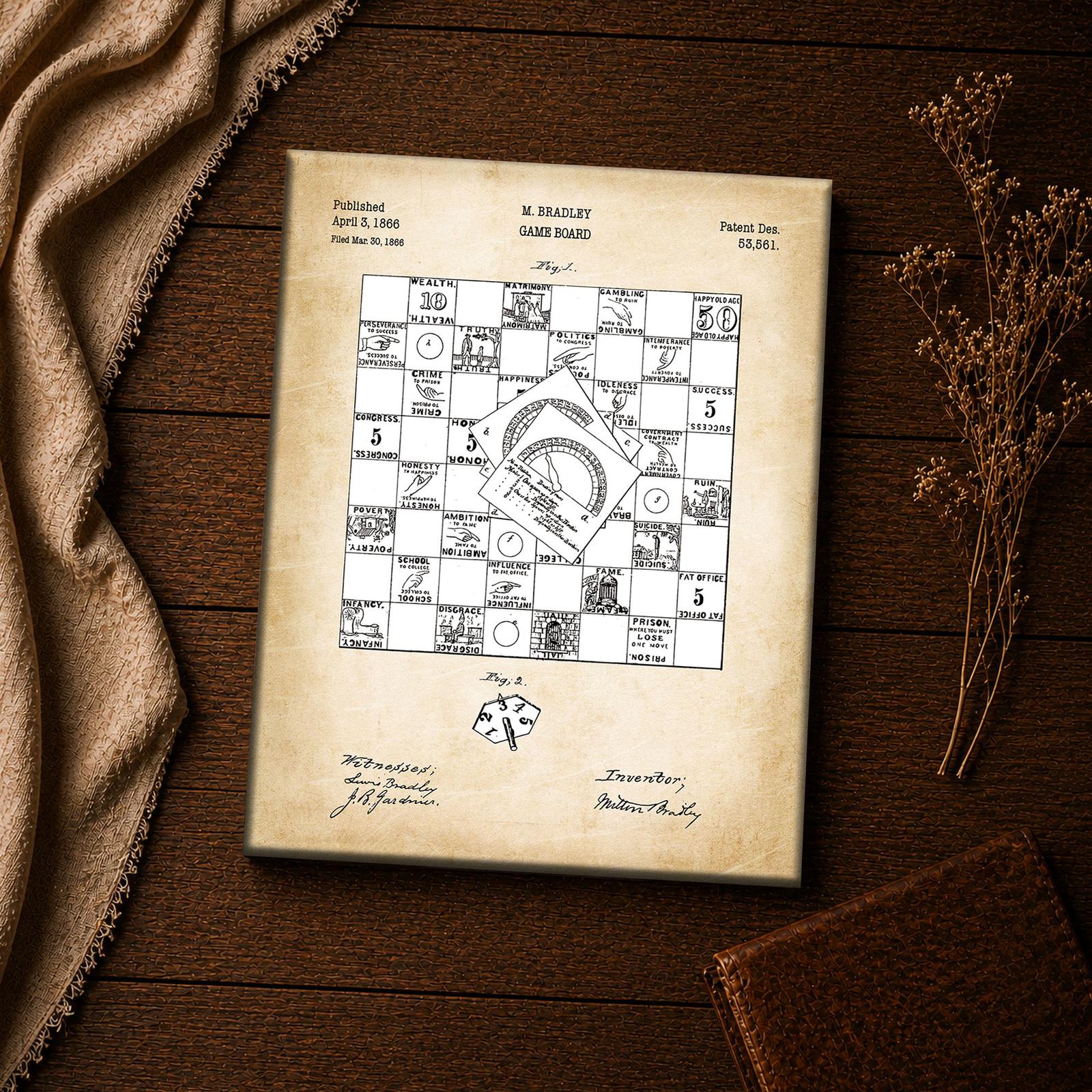 Vintage game room wall art - 1866 board game patent print closeup
