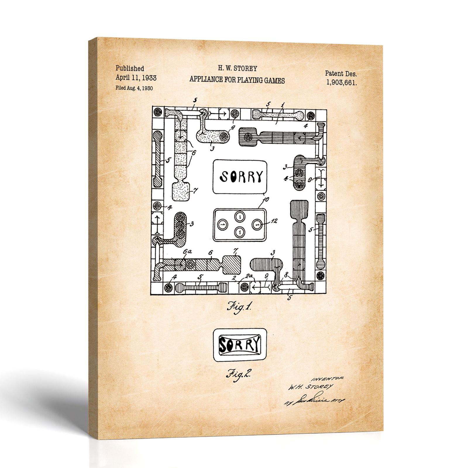 Sorry board game patent canvas print - 1933 game board drawing by Crossroads Home Decor