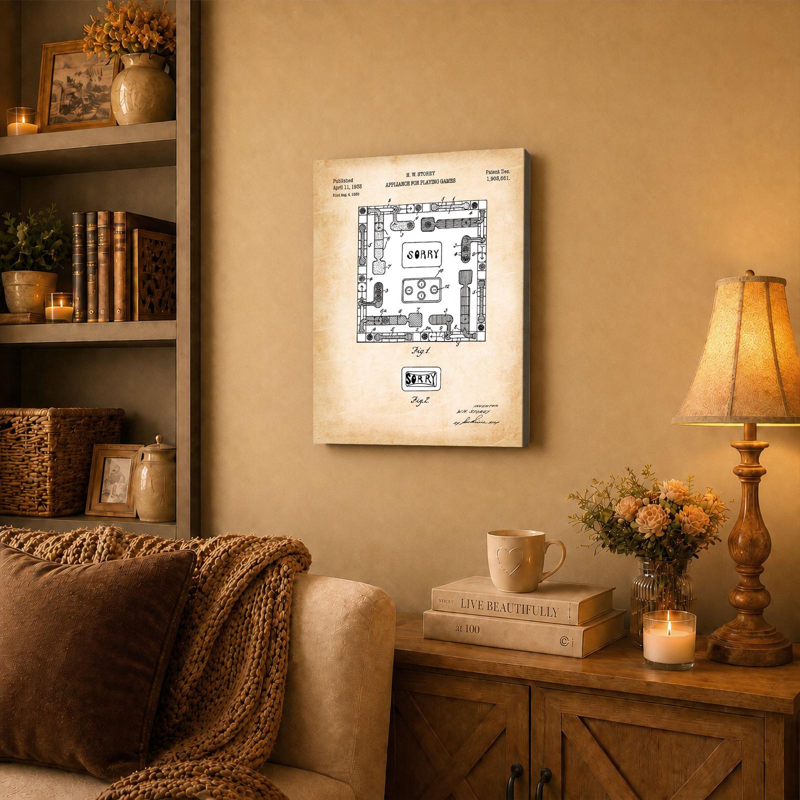 Sorry board game patent canvas wall art displayed in a playroom
