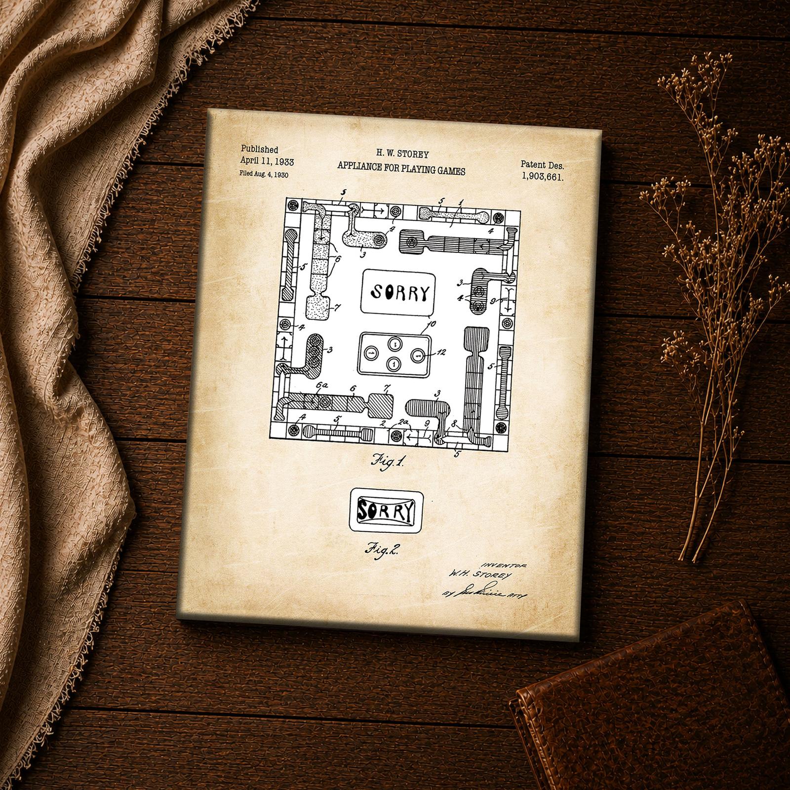 Sorry board game patent print close-up - home paths, slide arrows and Sorry card