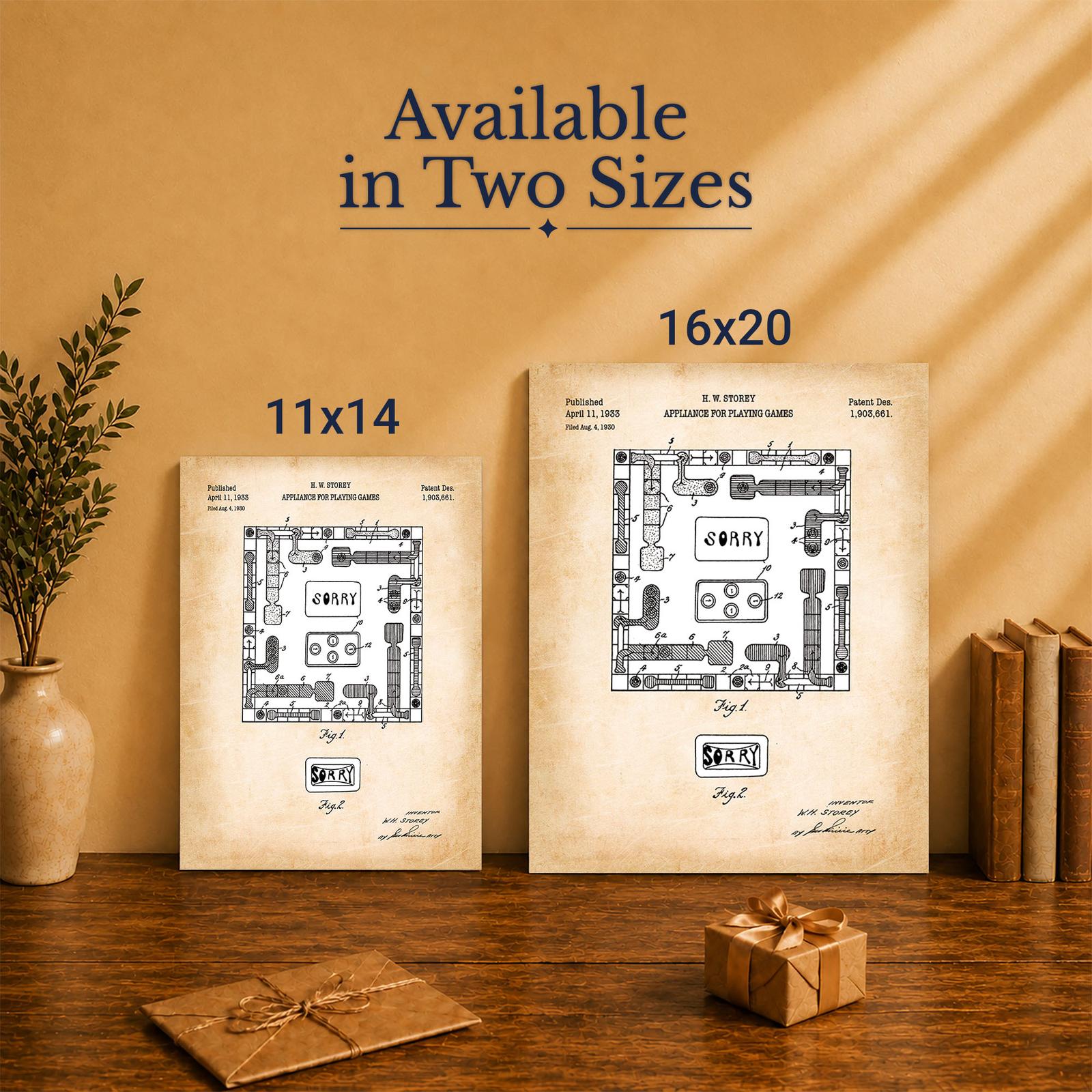 Sorry board game patent art on canvas - Made in USA family-owned game room wall art
