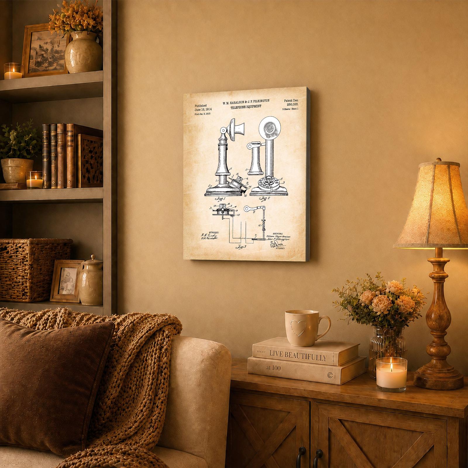 Old Telephone Patent Canvas Wall Art Displayed in a Home Office