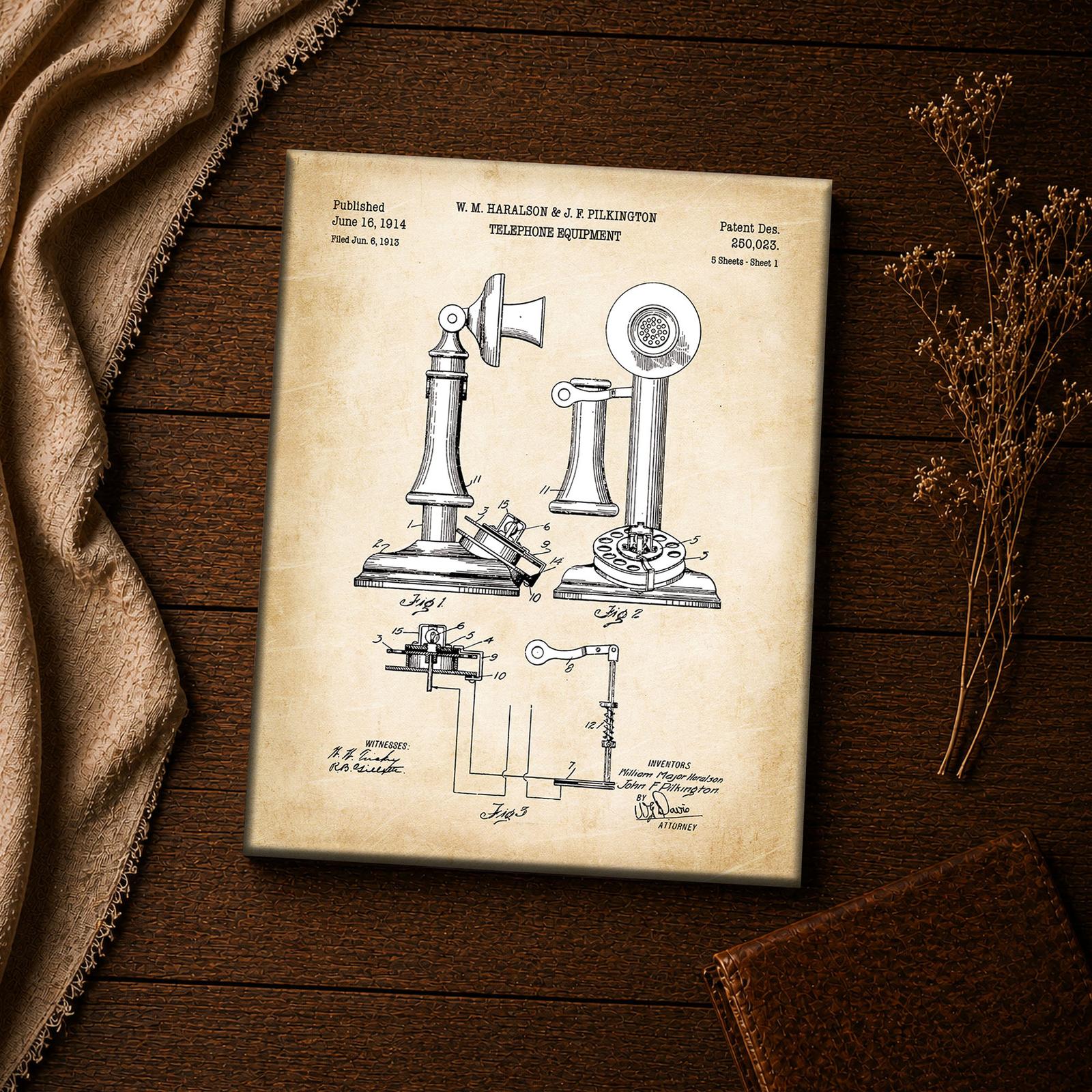 Telephone Blueprint Wall Art Close-Up - Antique Dial Lamp Patent Drawing