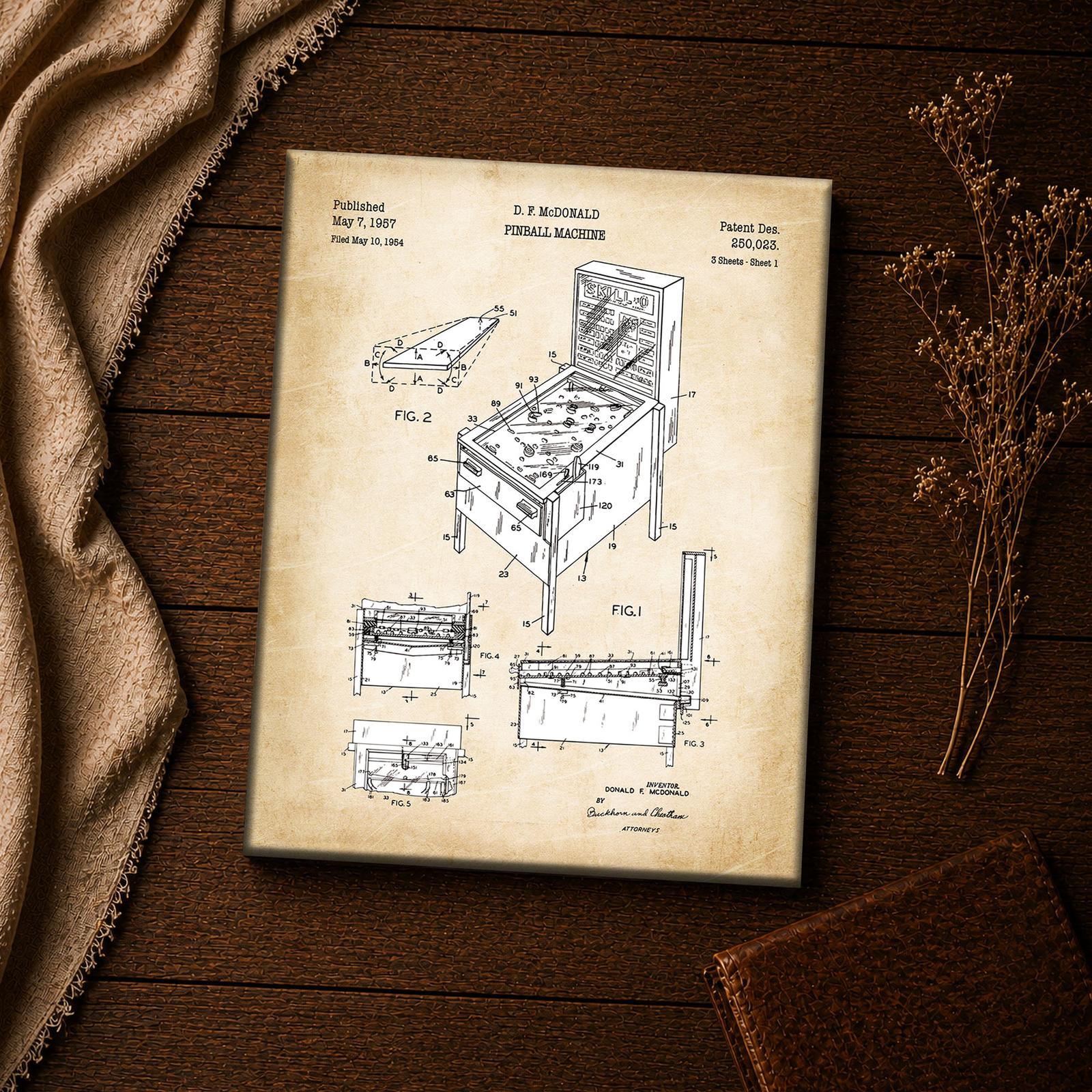 Vintage pinball wall art - pinball machine patent print closeup