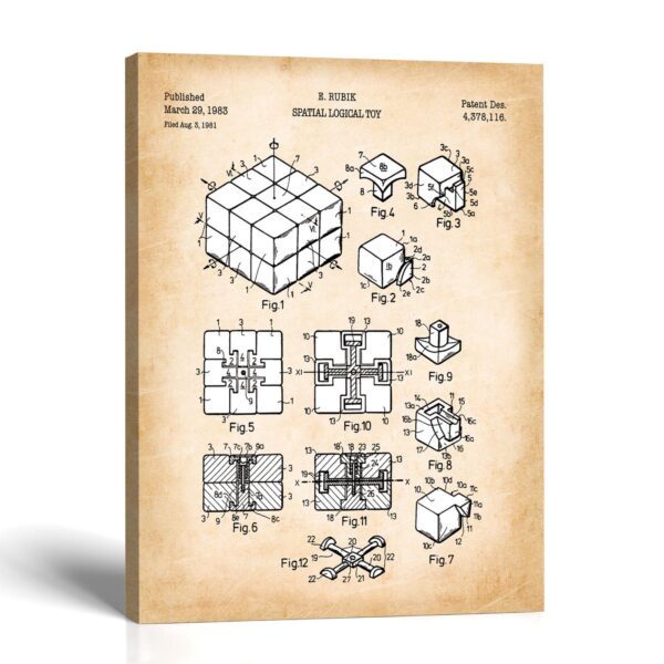 Rubik's Cube patent canvas print - 1983 puzzle cube drawing by Crossroads Home Decor