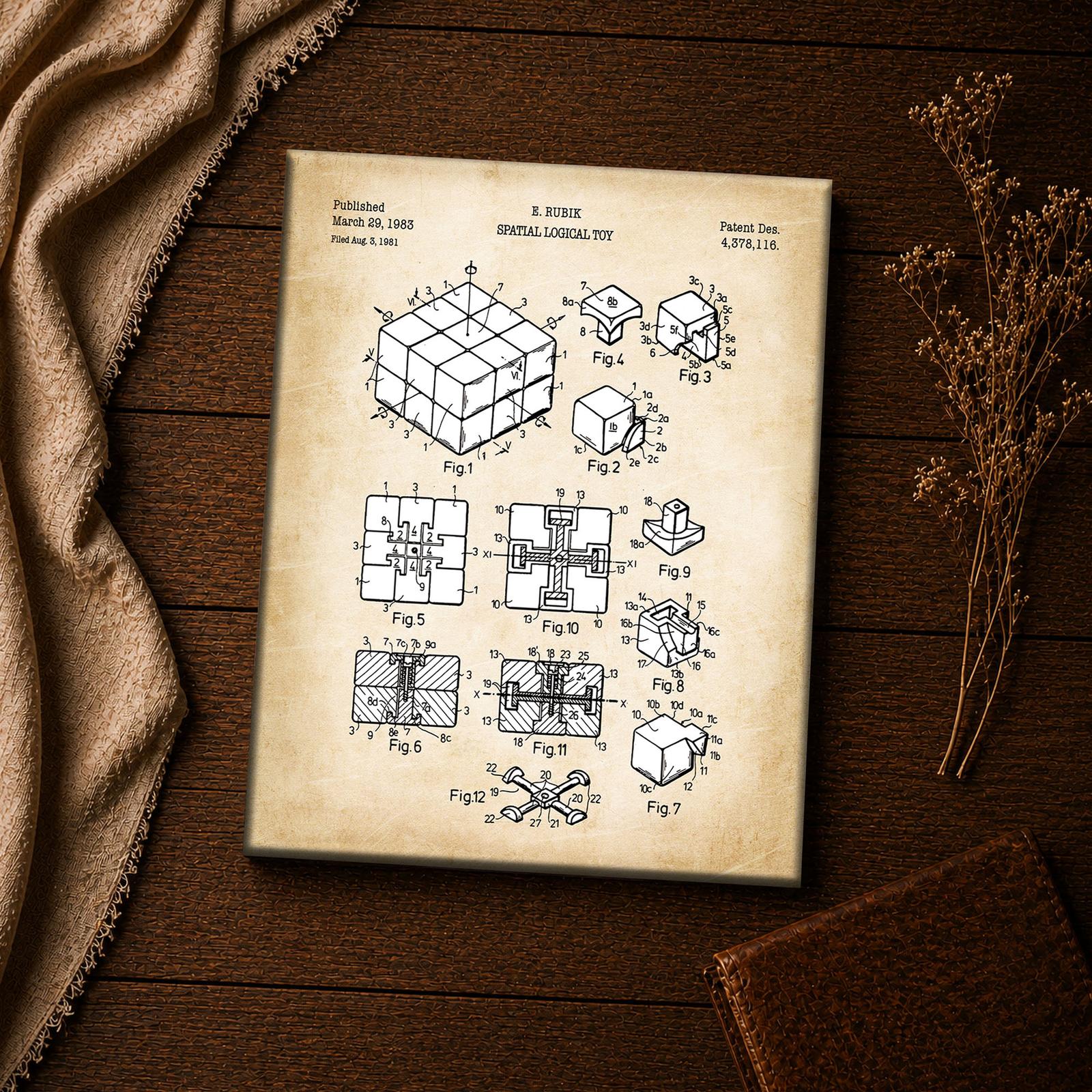 Rubik's Cube patent print close-up - corner, edge and centre pieces and the six-armed core