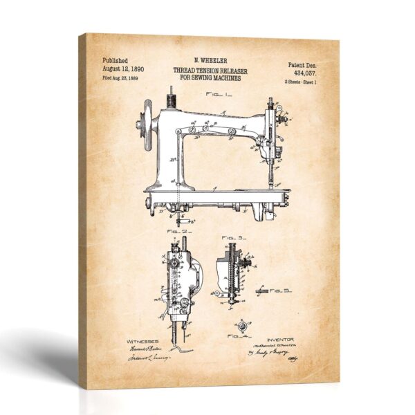 1890 sewing machine patent canvas print - tension release patent drawing by Crossroads Home Decor