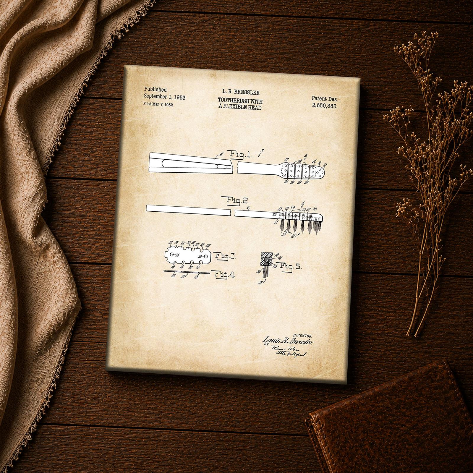 1953 toothbrush patent canvas print - vintage dental tool wall art