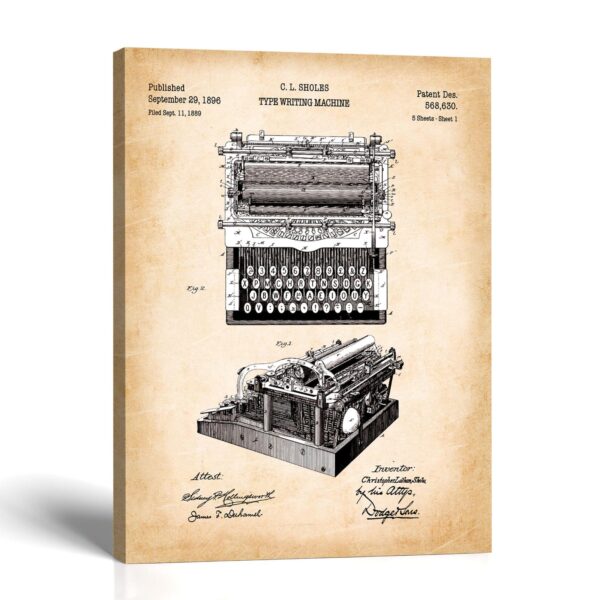 Typewriter Patent Canvas Print - Antique 1896 Wall Art by Crossroads Home Decor