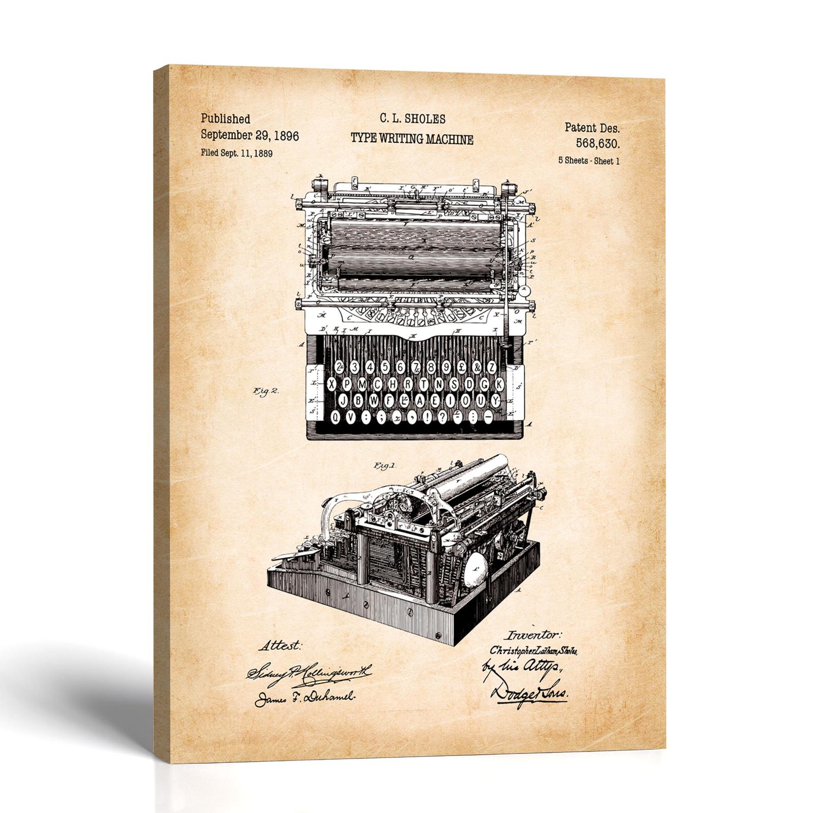 Typewriter Patent Canvas Print - Antique 1896 Wall Art by Crossroads Home Decor