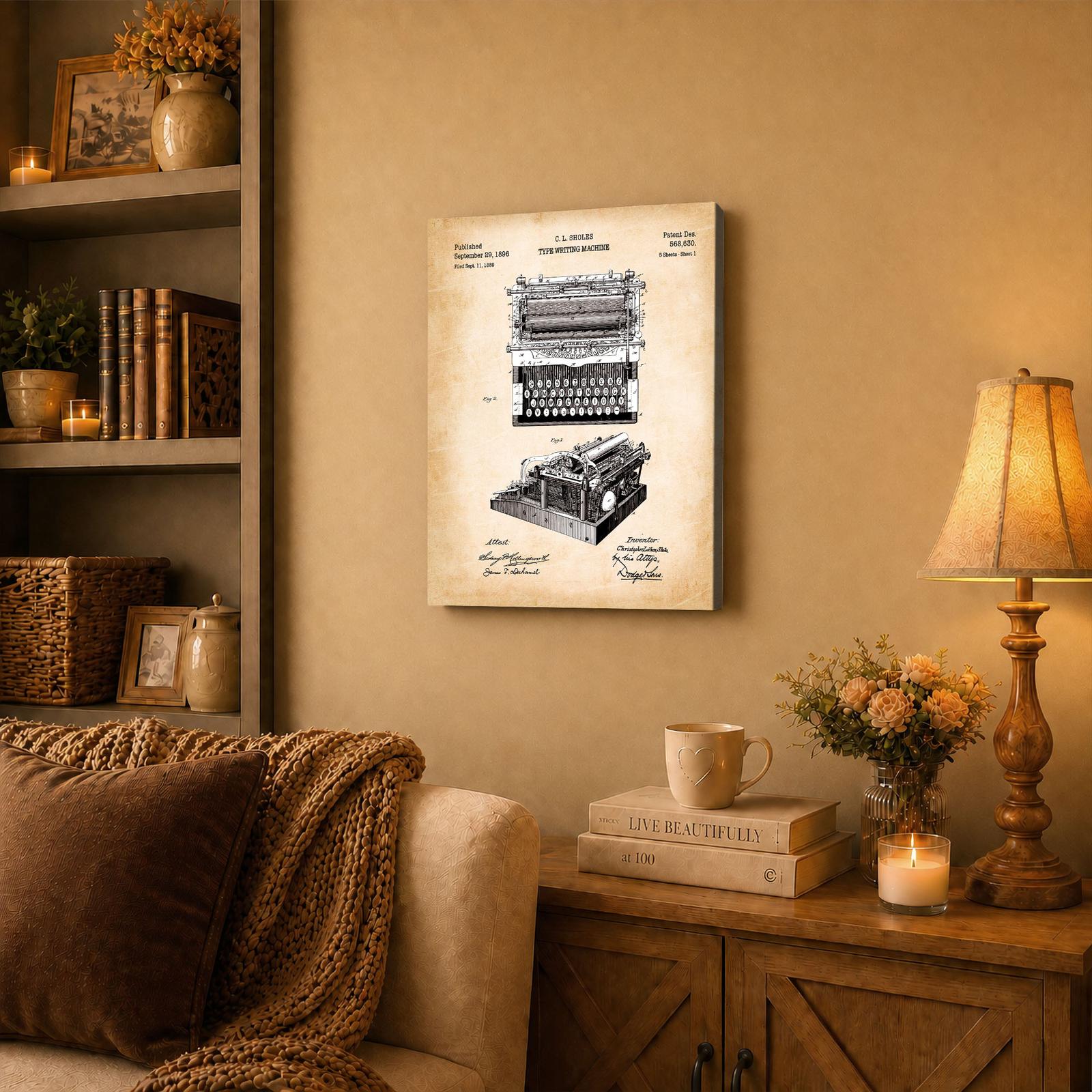 Antique Typewriter Wall Art Canvas Displayed in a Home Office