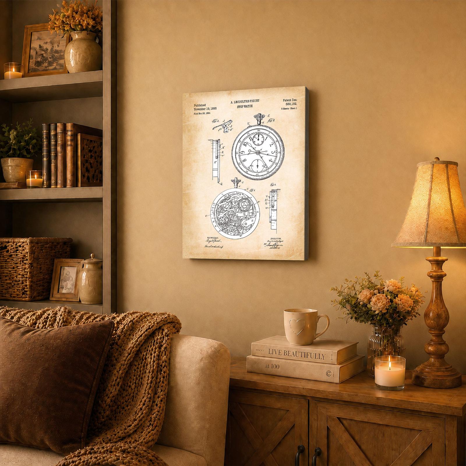 Antique Pocket Watch Wall Art Canvas Displayed in a Den