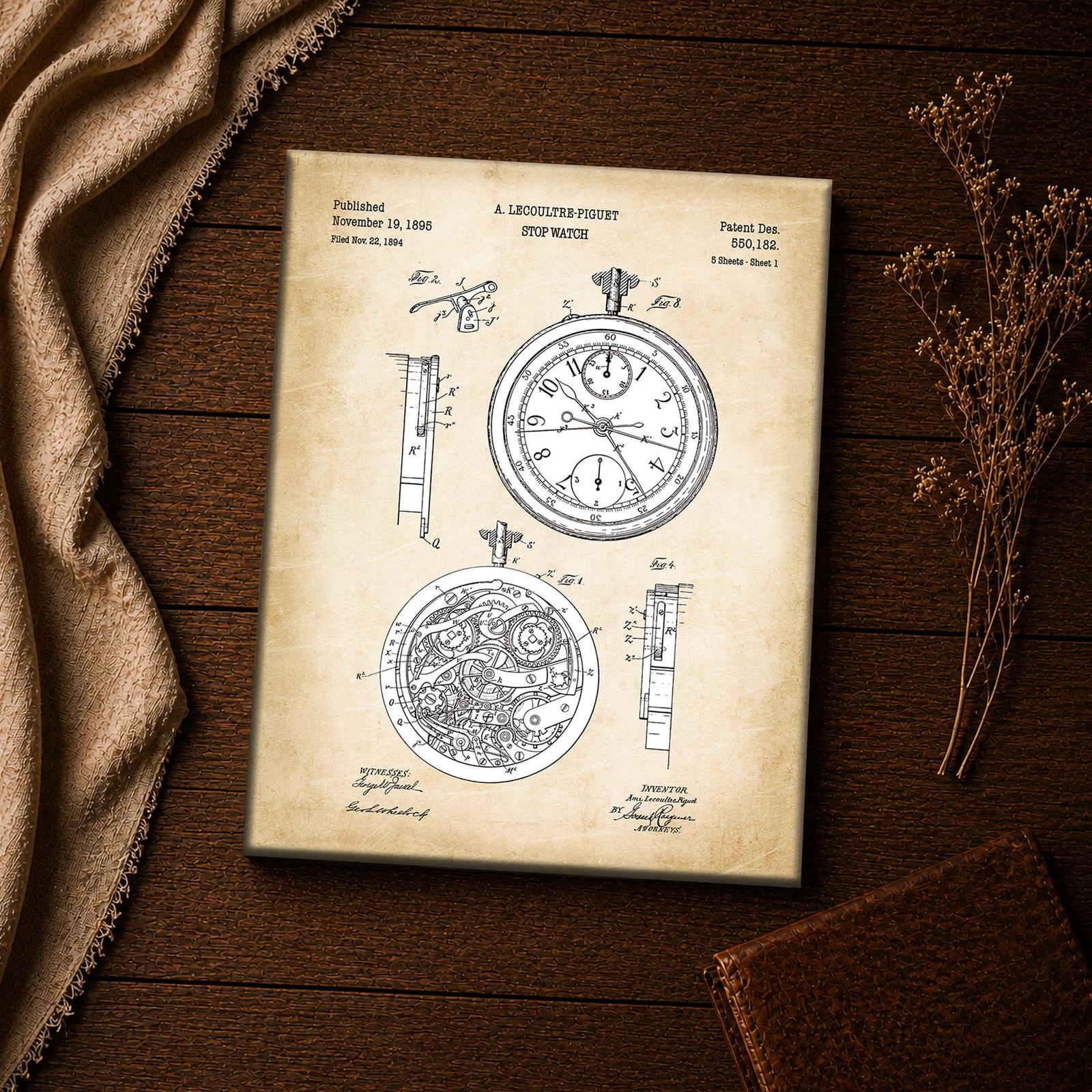 Stopwatch Blueprint Wall Art Close-Up - Chronograph Movement Patent Drawing