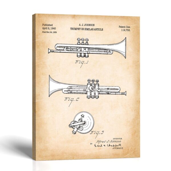 Trumpet Patent Canvas Print - Vintage 1940 Band Wall Art by Crossroads Home Decor