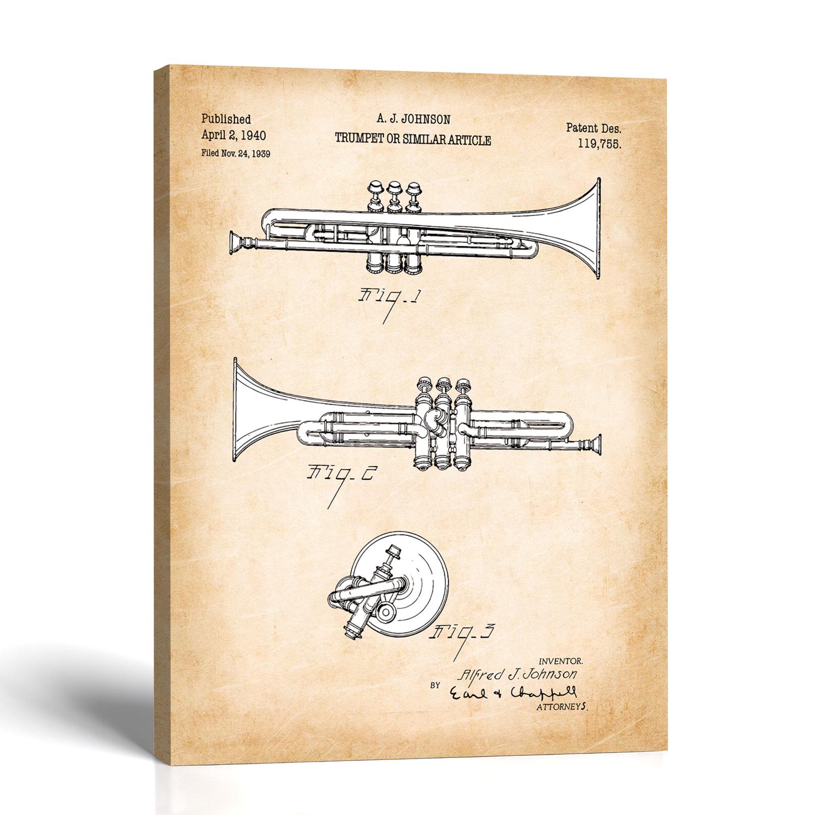 Trumpet Patent Canvas Print - Vintage 1940 Band Wall Art by Crossroads Home Decor