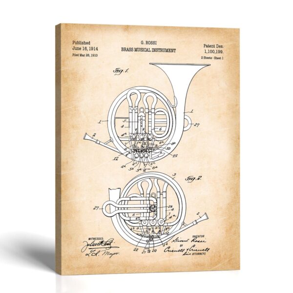 French Horn canvas print - 1914 Patent Drawing by Crossroads Home Decor