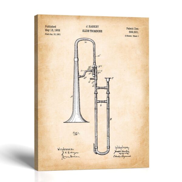 Trombone canvas print - 1902 Patent Drawing by Crossroads Home Decor