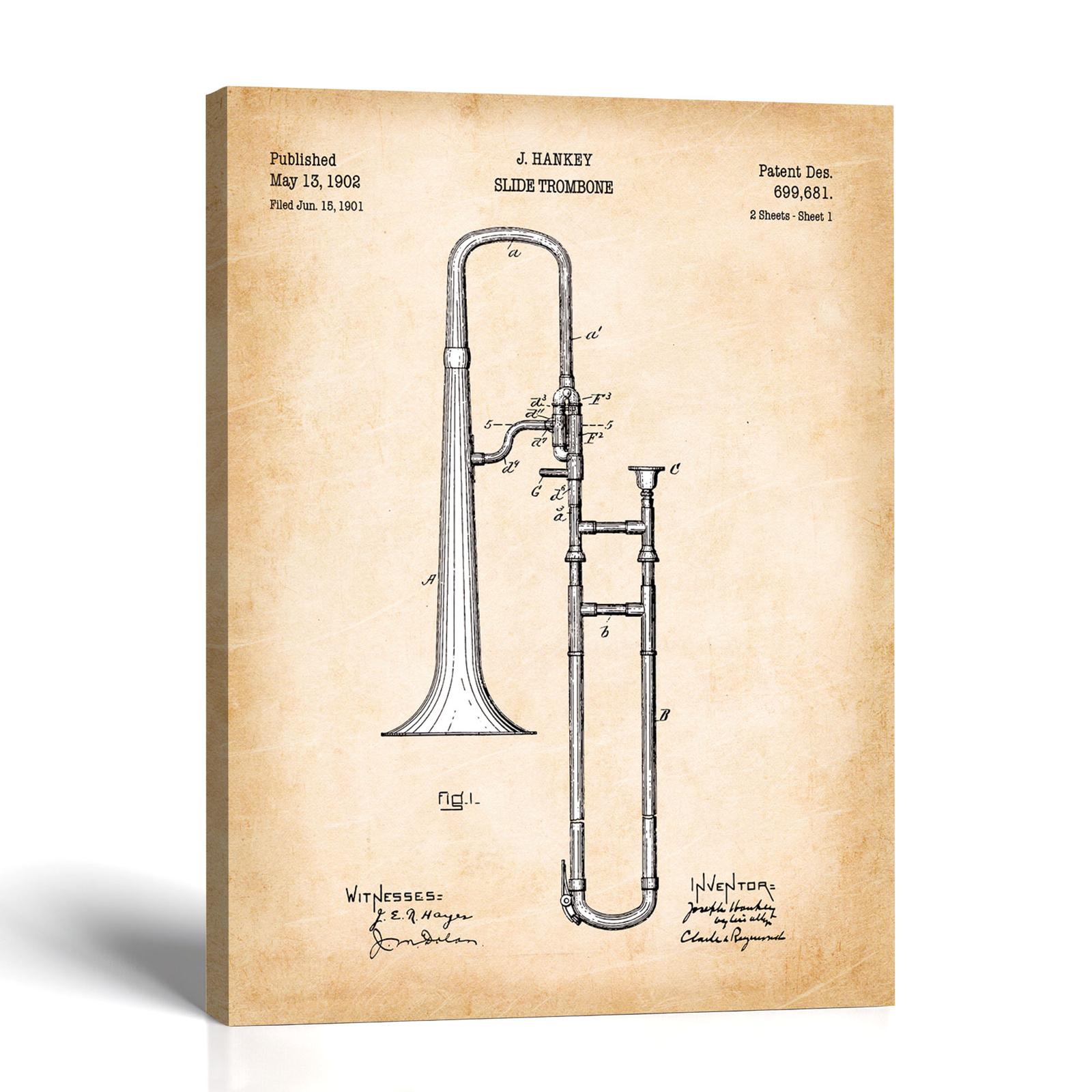 Trombone canvas print - 1902 Patent Drawing by Crossroads Home Decor