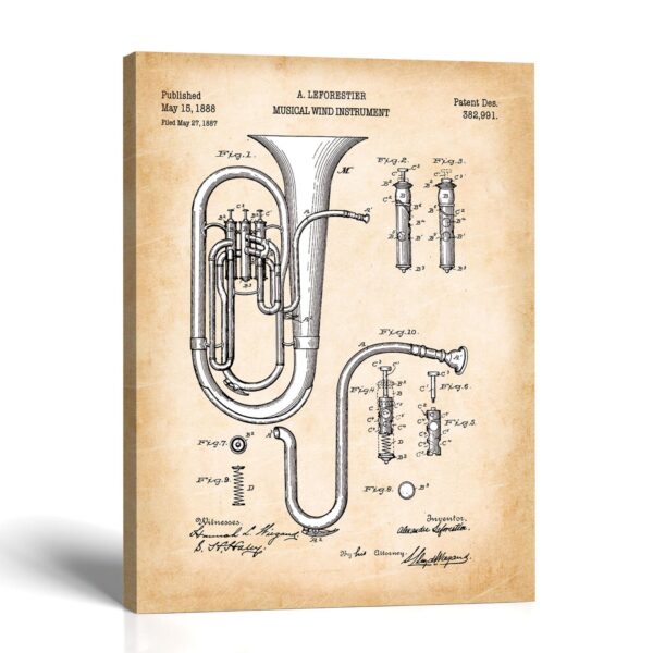 Baritone horn patent print canvas print - 1888 brass instrument patent by Crossroads Home Decor