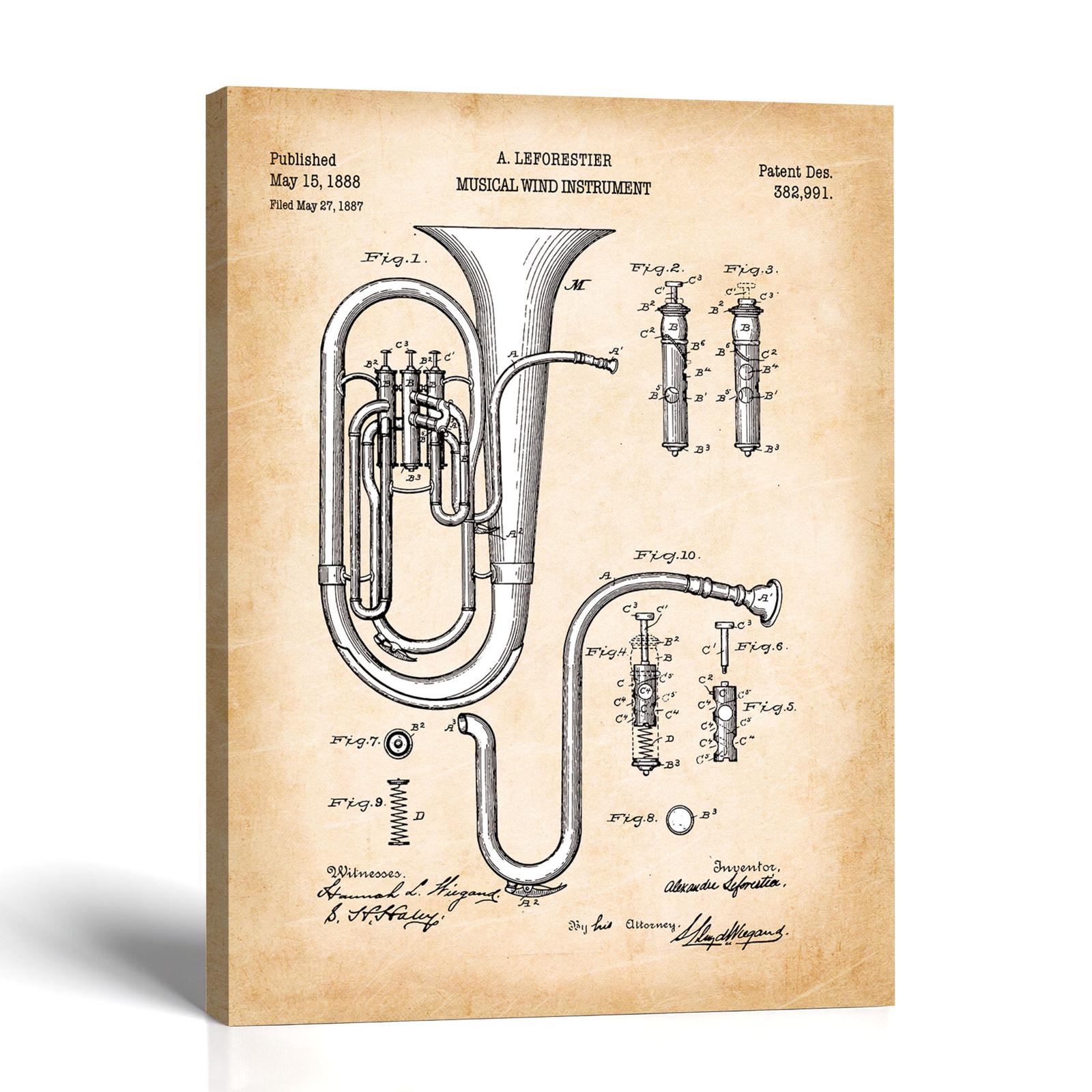 Baritone horn patent print canvas print - 1888 brass instrument patent by Crossroads Home Decor