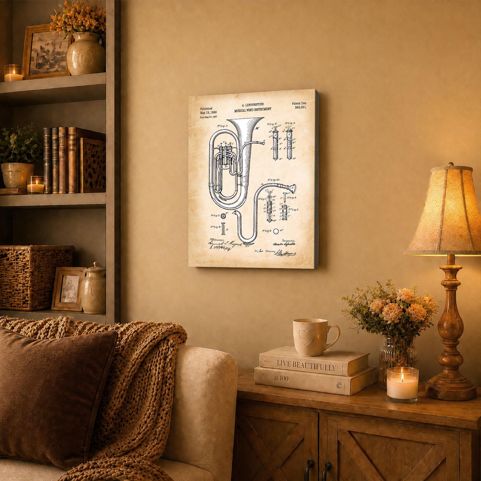 Baritone horn canvas wall art displayed in a music room