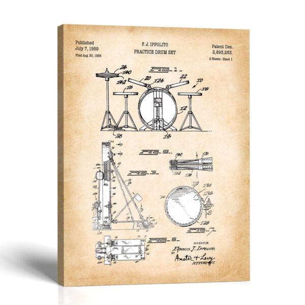 Drum Set Patent Canvas Print - Vintage Practice Kit Wall Art by Crossroads Home Decor