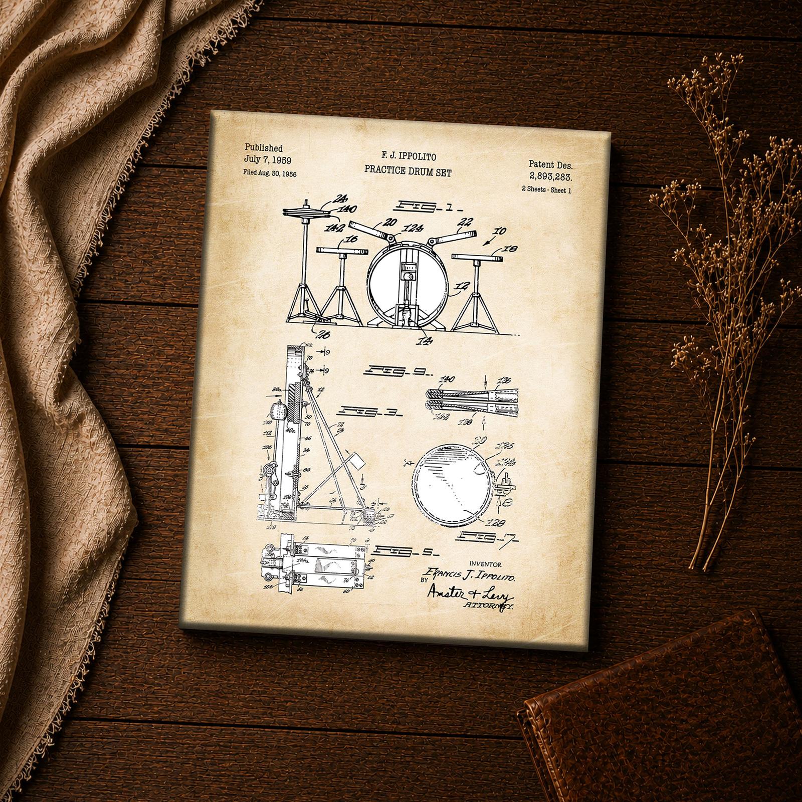 Drum Kit Blueprint Wall Art Close-Up - Practice Drum Set Patent Drawing