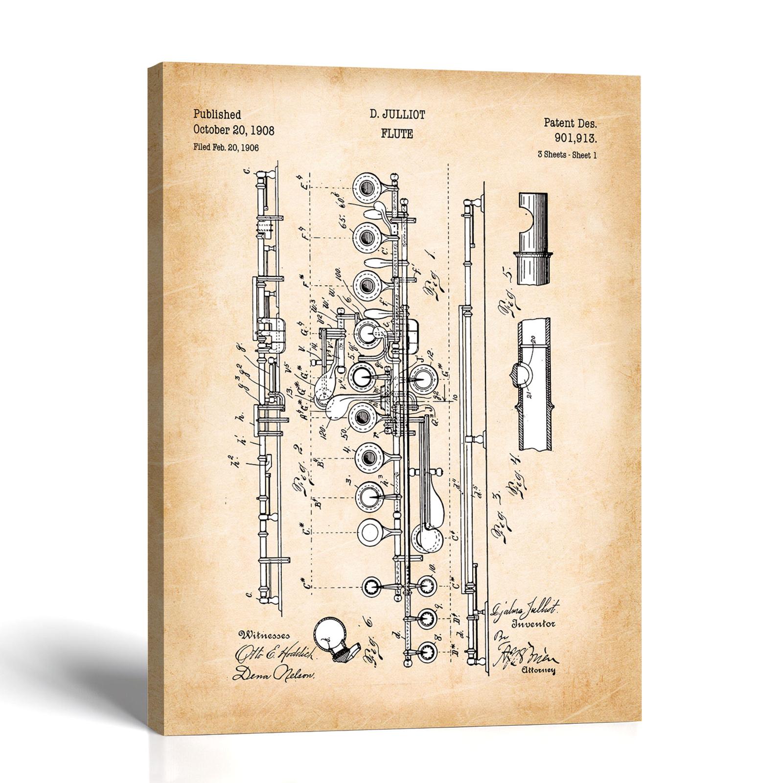 Flute Patent Canvas Print - Vintage 1908 Boehm Wall Art by Crossroads Home Decor