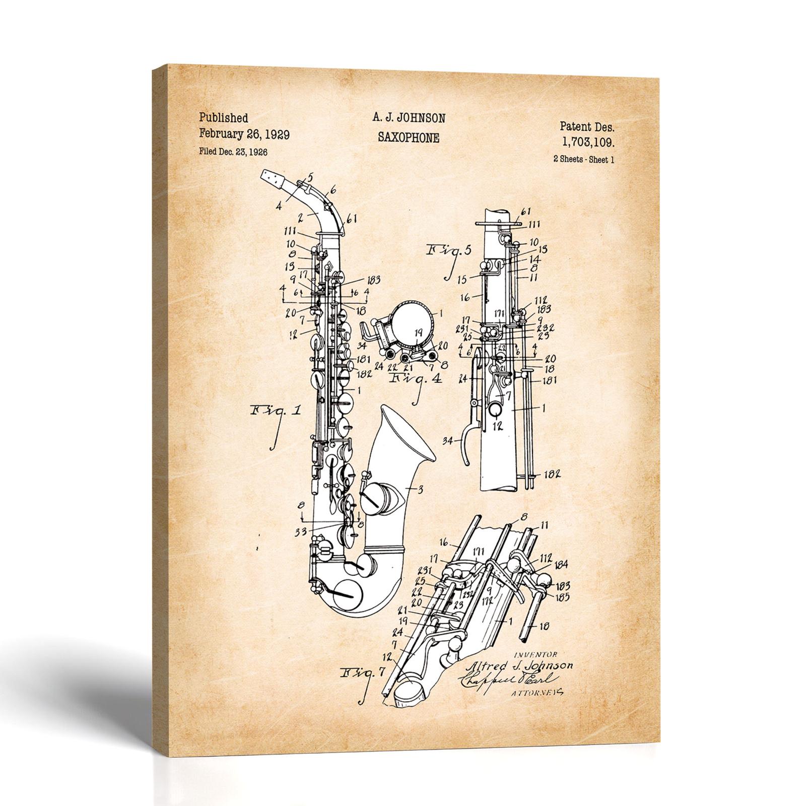 Saxophone patent canvas print - 1929 instrument design by Crossroads Home Decor