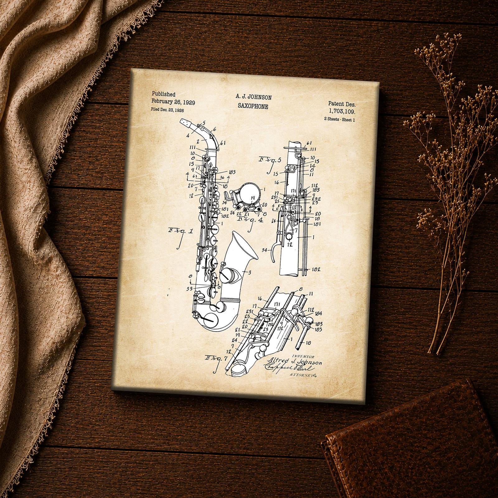 1929 saxophone patent canvas print - vintage instrument wall art