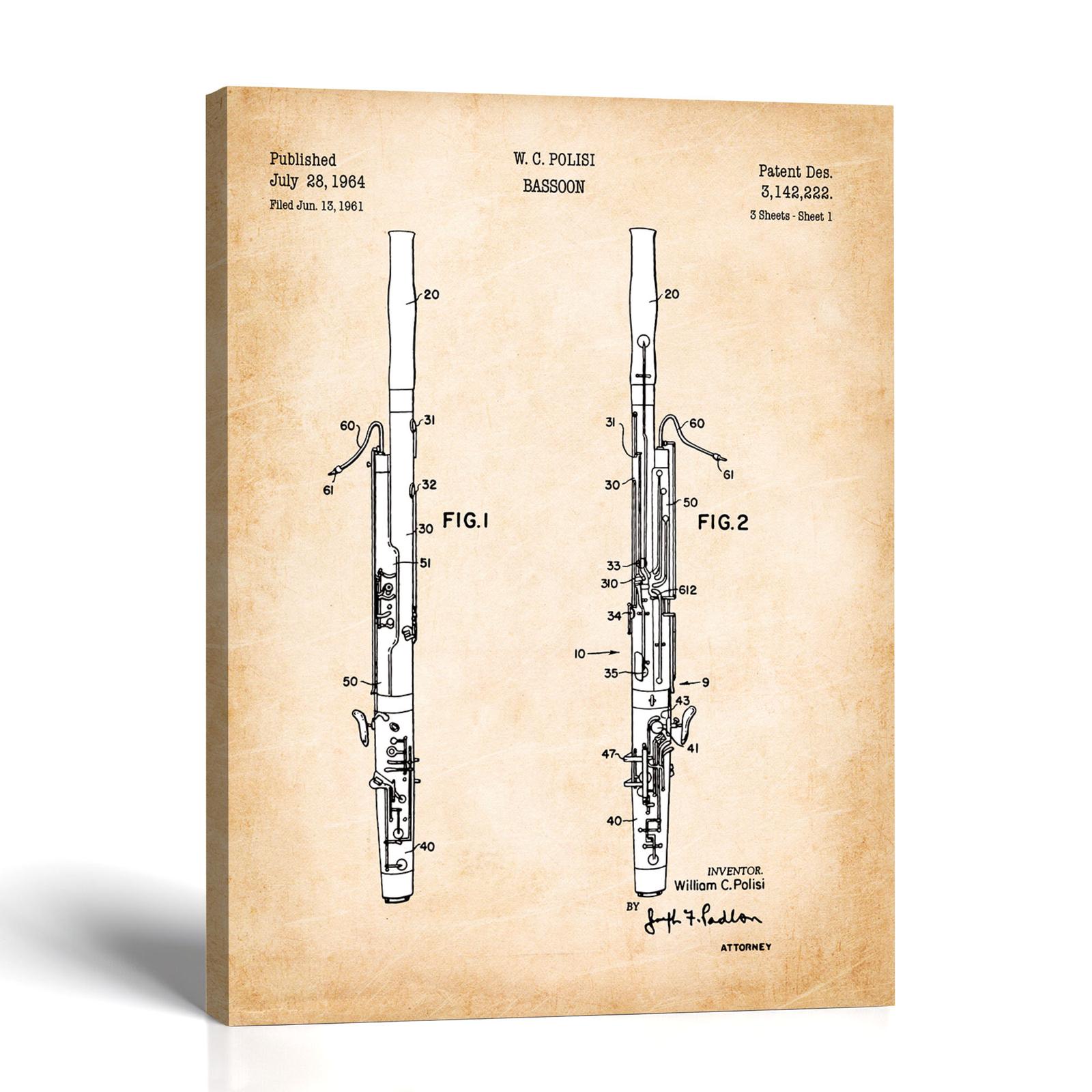 Bassoon patent canvas print - 1964 instrument design by Crossroads Home Decor