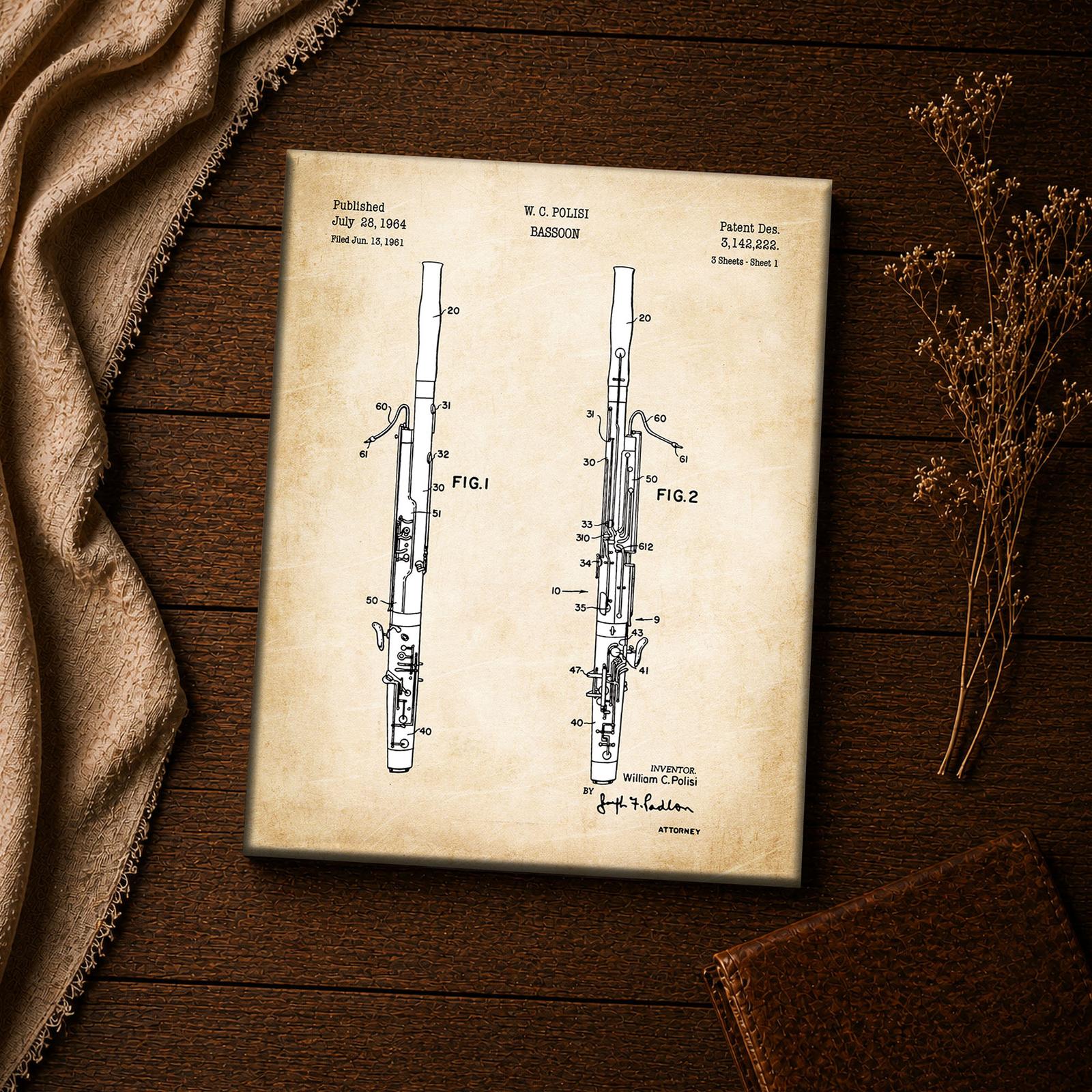 1964 bassoon patent canvas print - vintage instrument wall art