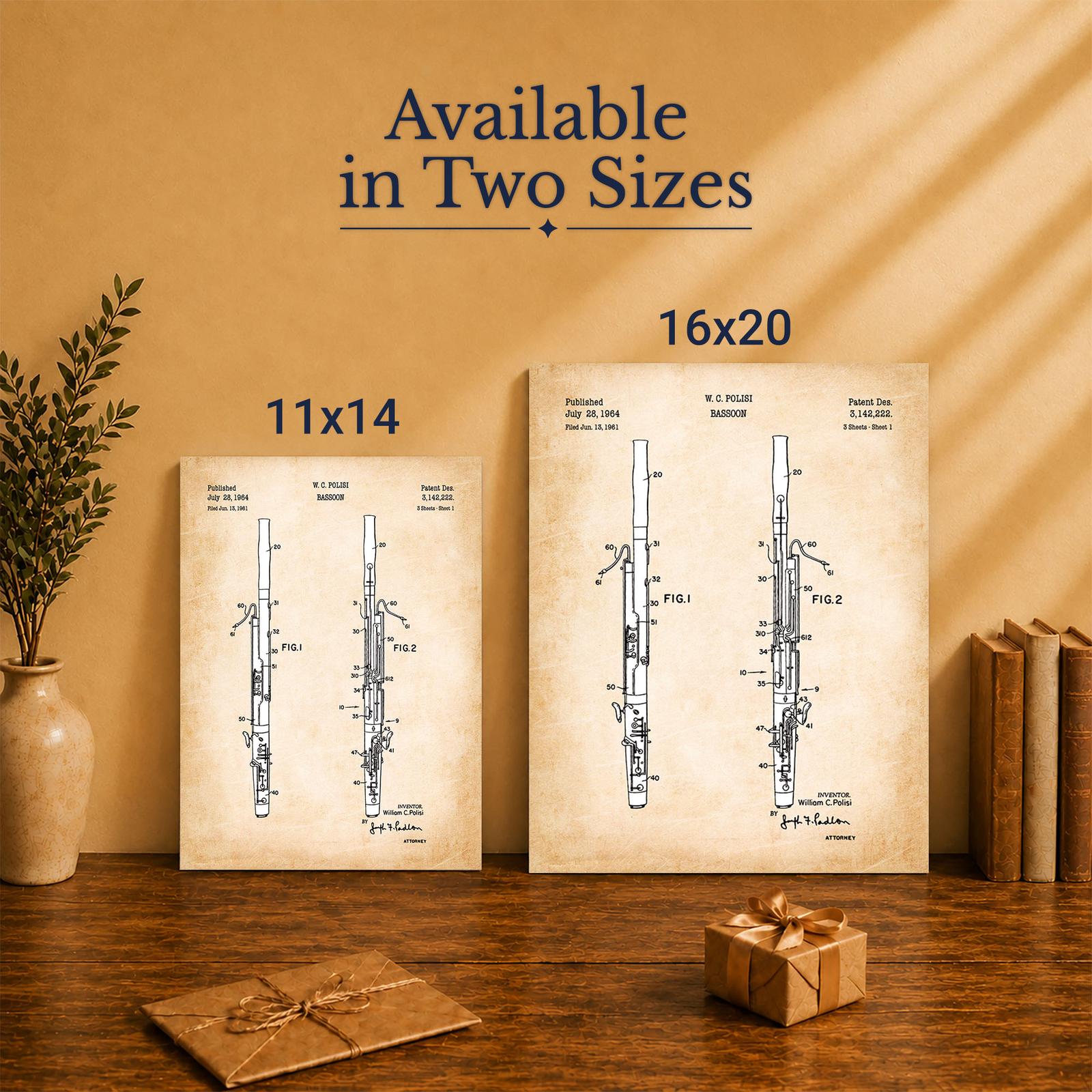 Bassoon patent canvas art - Made in USA family-owned music room decor