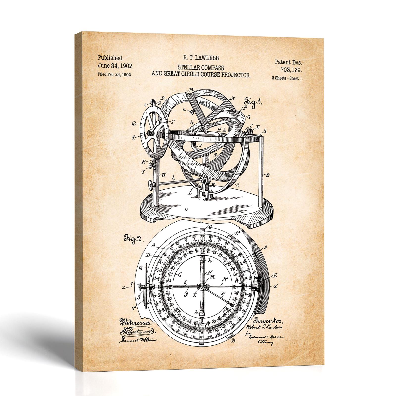 Stellar compass patent canvas print - 1902 navigation instrument by Crossroads Home Decor