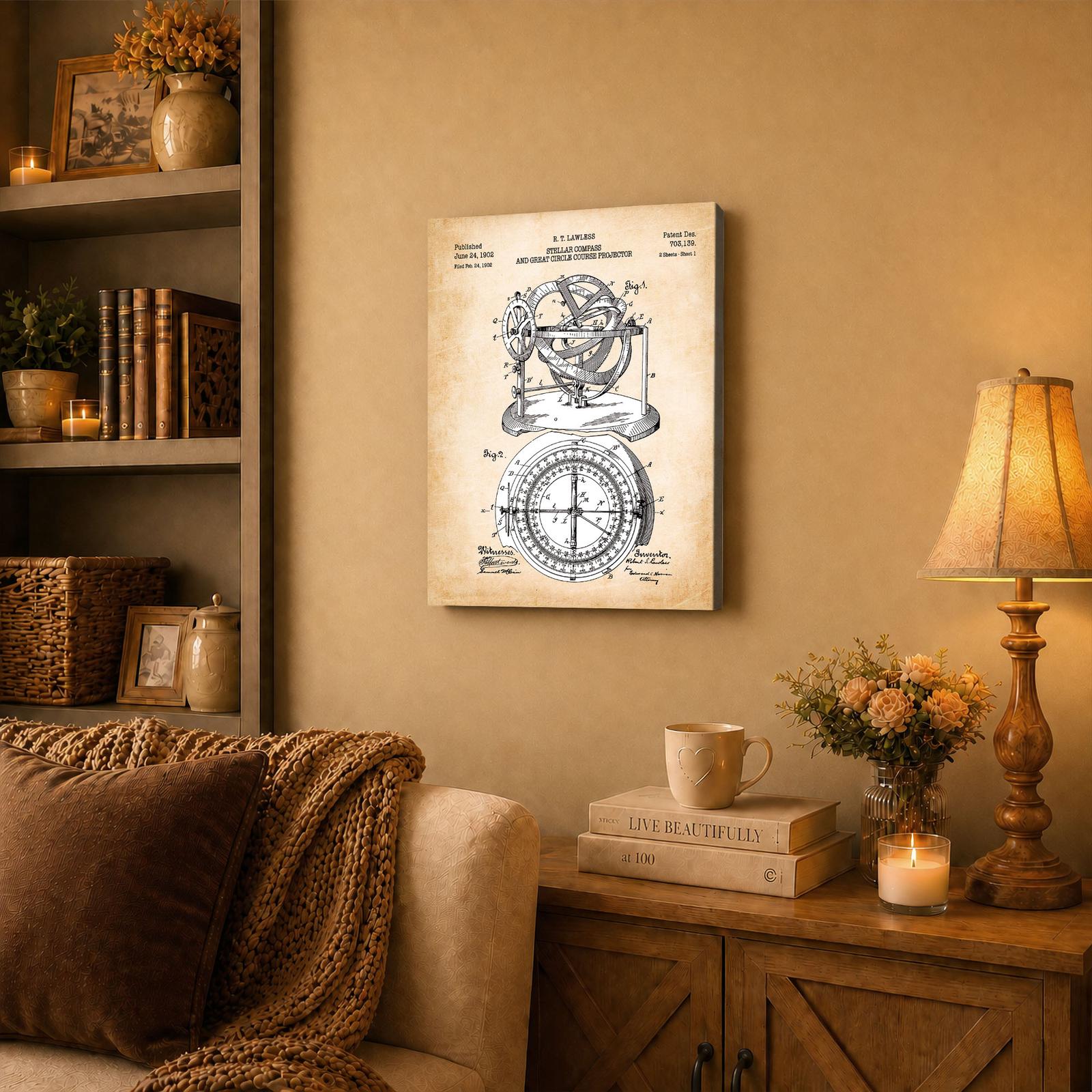 Stellar compass patent canvas wall art displayed in a home office