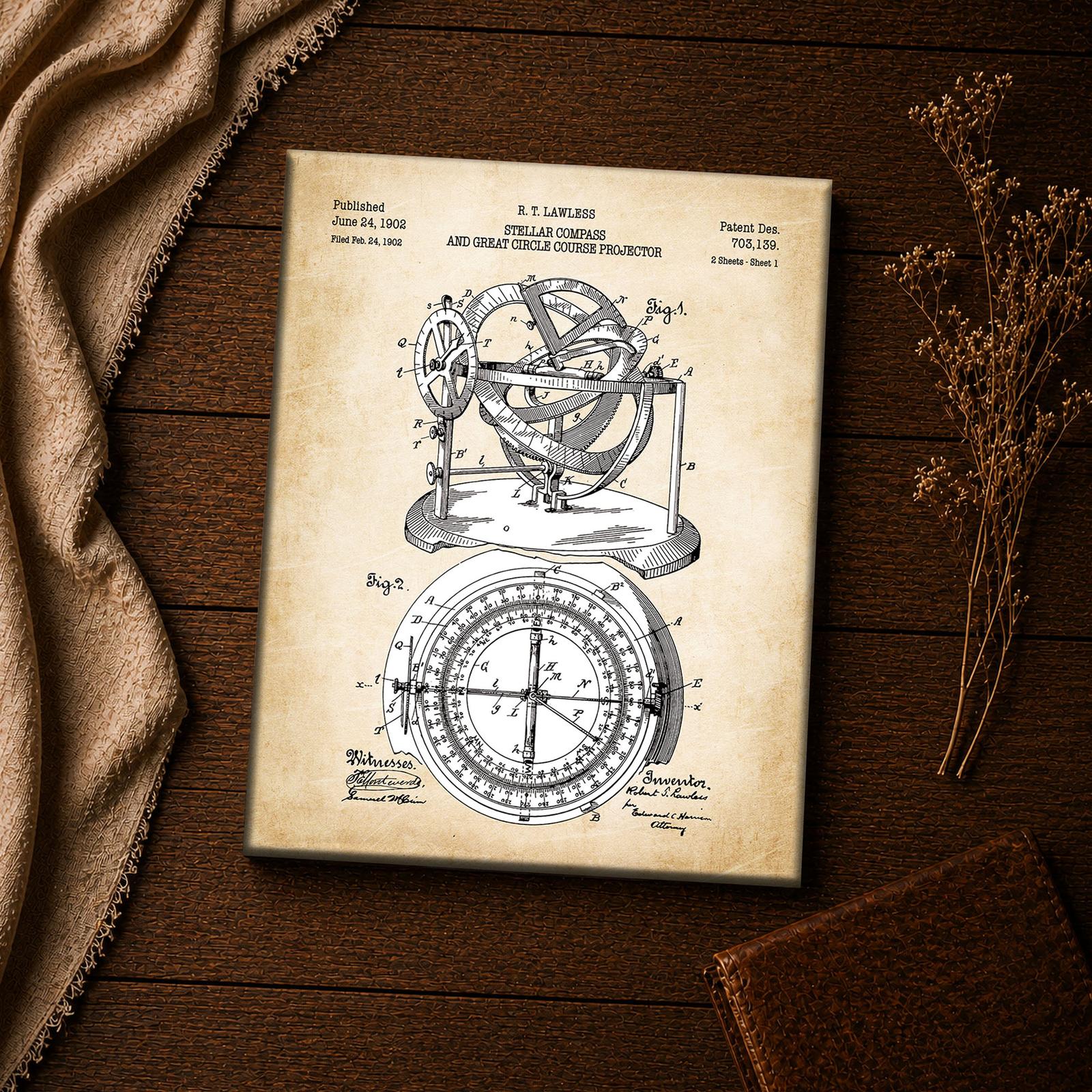 1902 stellar compass patent print - vintage navigation inspirational wall art