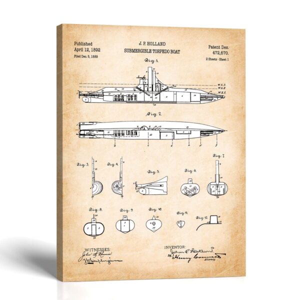 Vintage Submarine Patent Canvas Print - Antique Naval Wall Art by Crossroads Home Decor