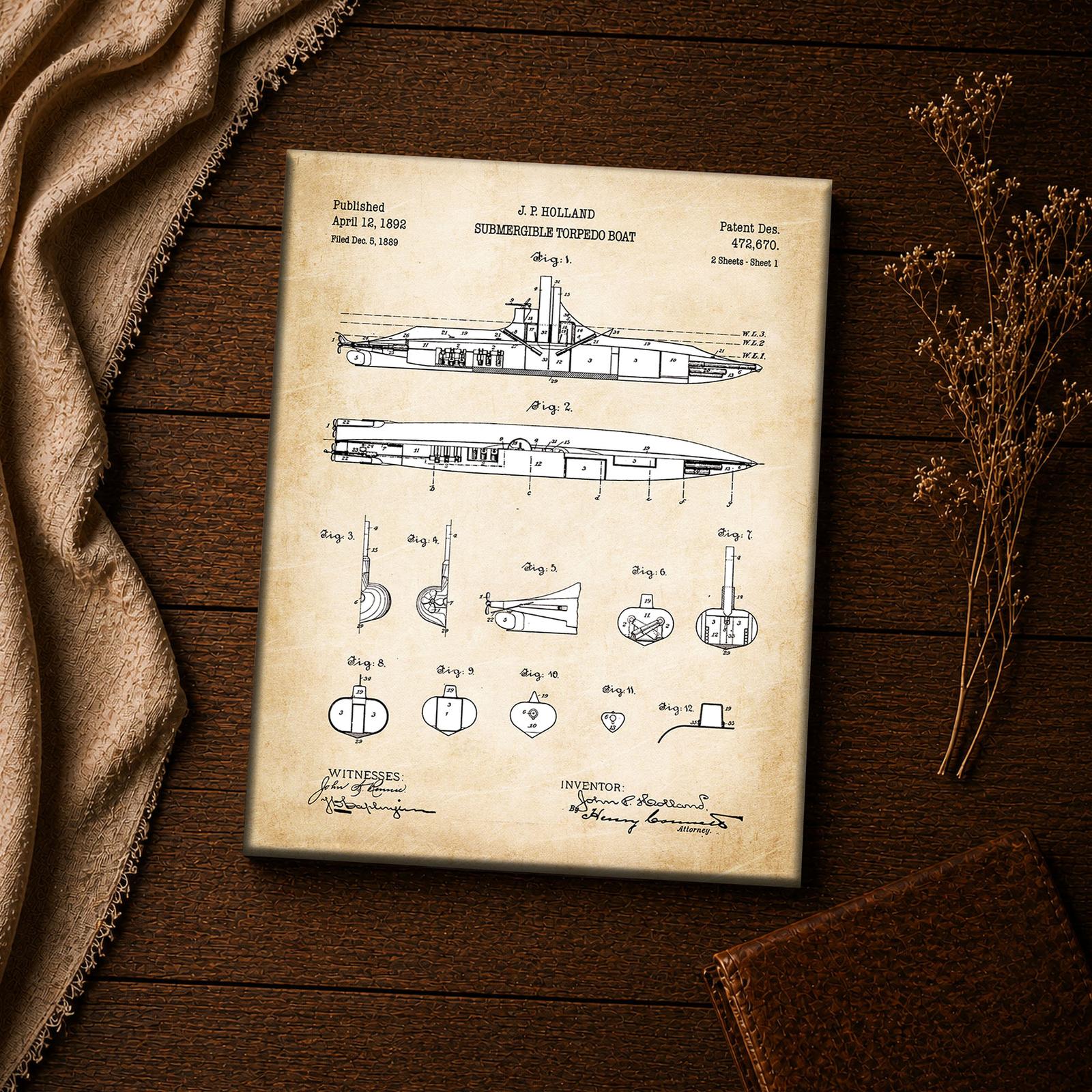 Nautical Patent Canvas Art Close-Up - Submersible Vessel Patent Drawing