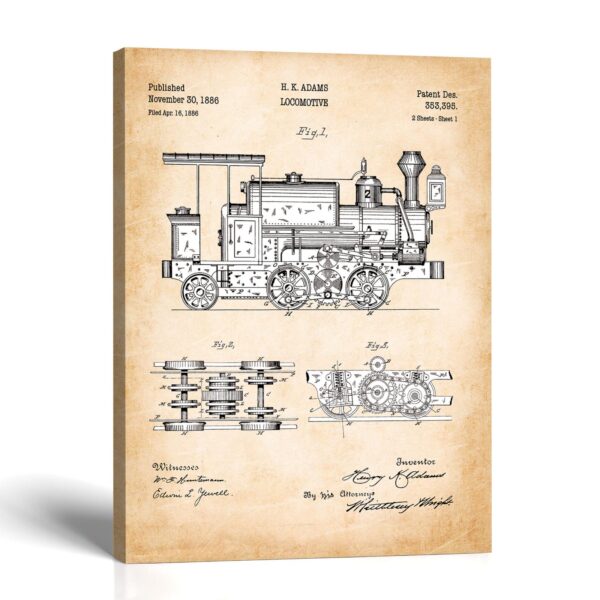 Vintage Locomotive Patent Canvas Print - Antique Train Wall Art by Crossroads Home Decor