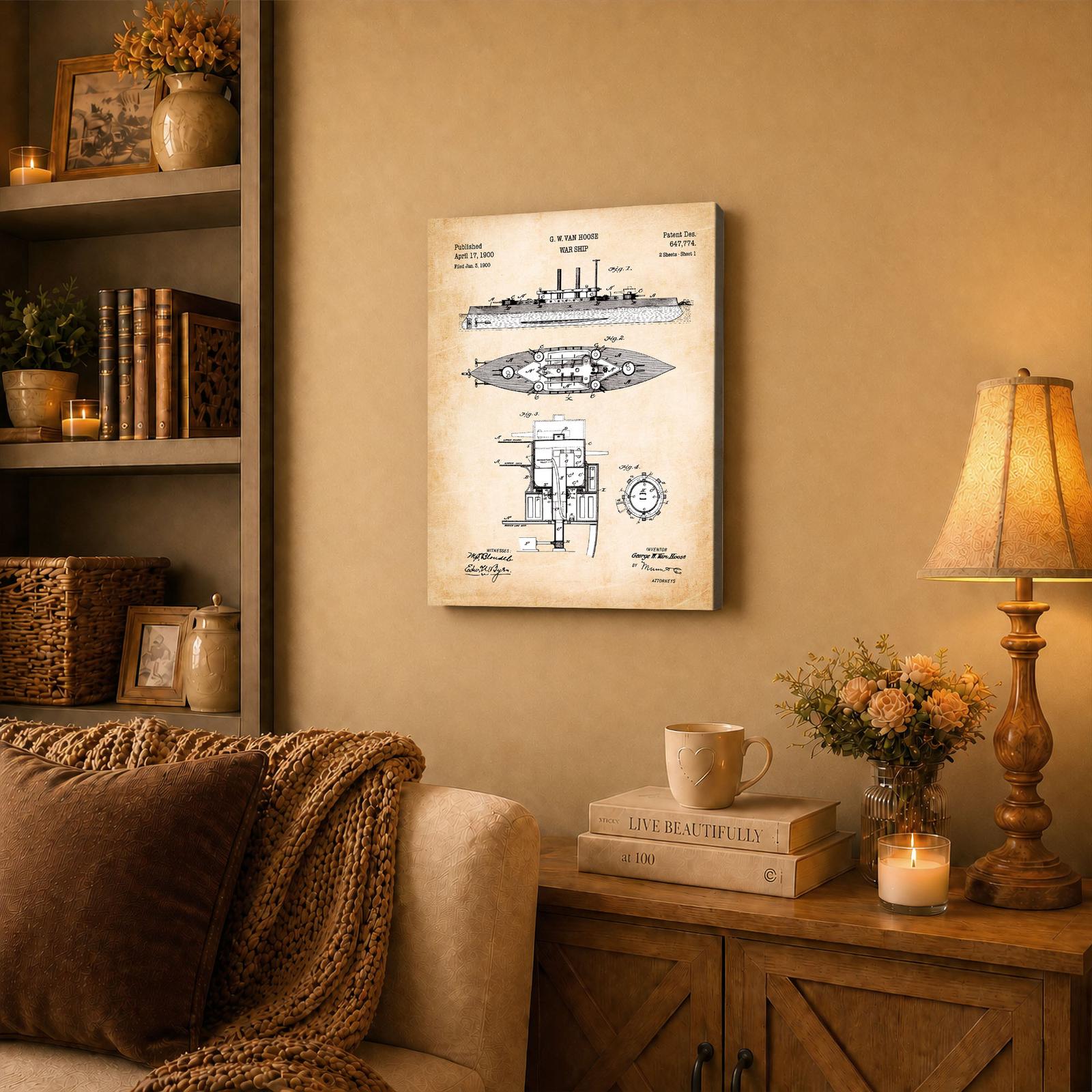 C2604C-3-11x14-1 Navy battleship canvas wall art displayed in a den or home office