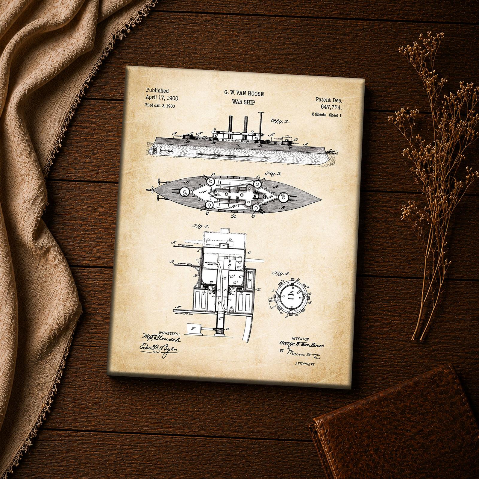 C2604C-4-11x14-1 1900 war ship patent drawing close-up - naval engineering line art detail