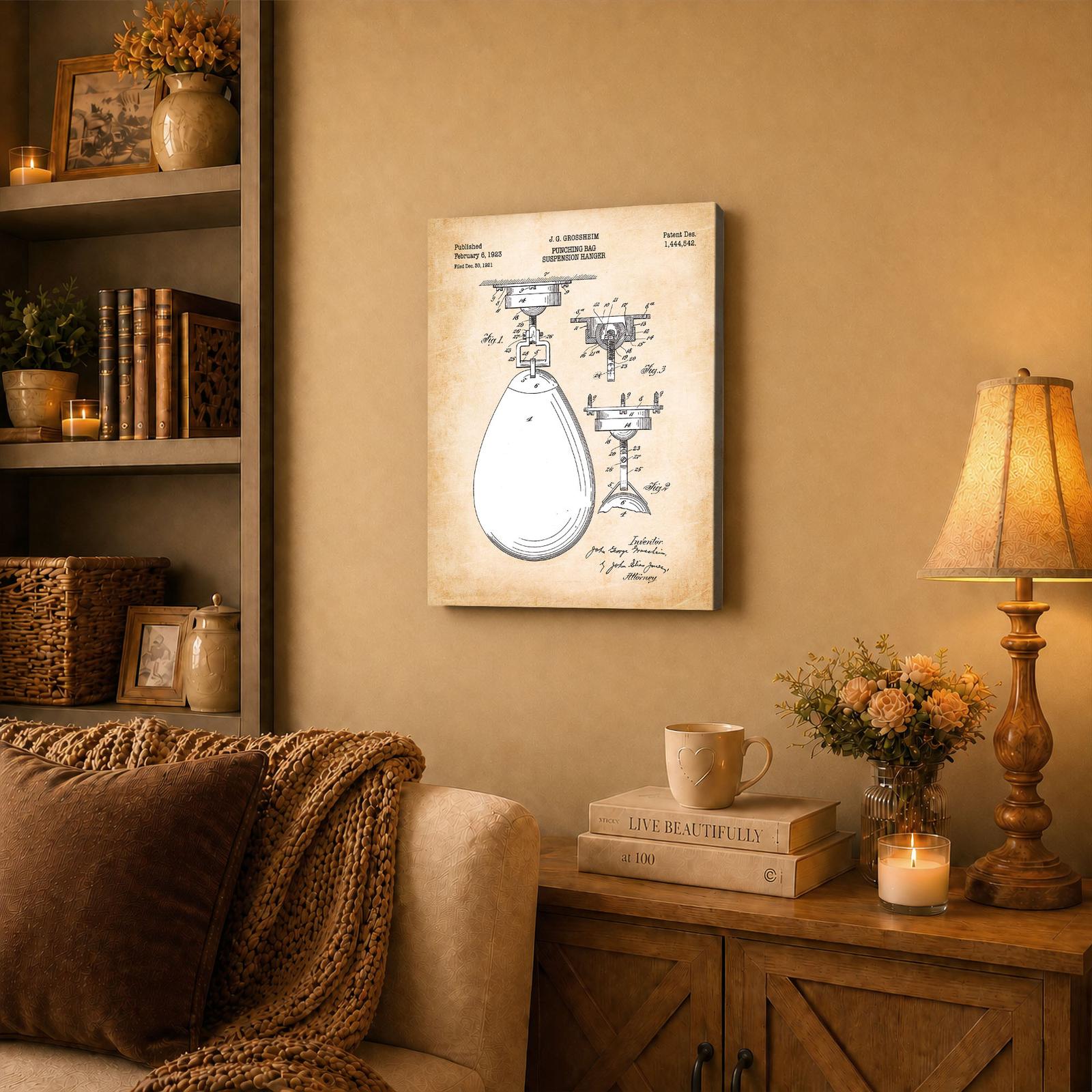 Boxing Speed Bag canvas wall art displayed in a home gym