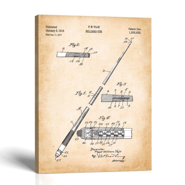 Billiard Cue Patent Canvas Print - Vintage Game Room Wall Art by Crossroads Home Decor