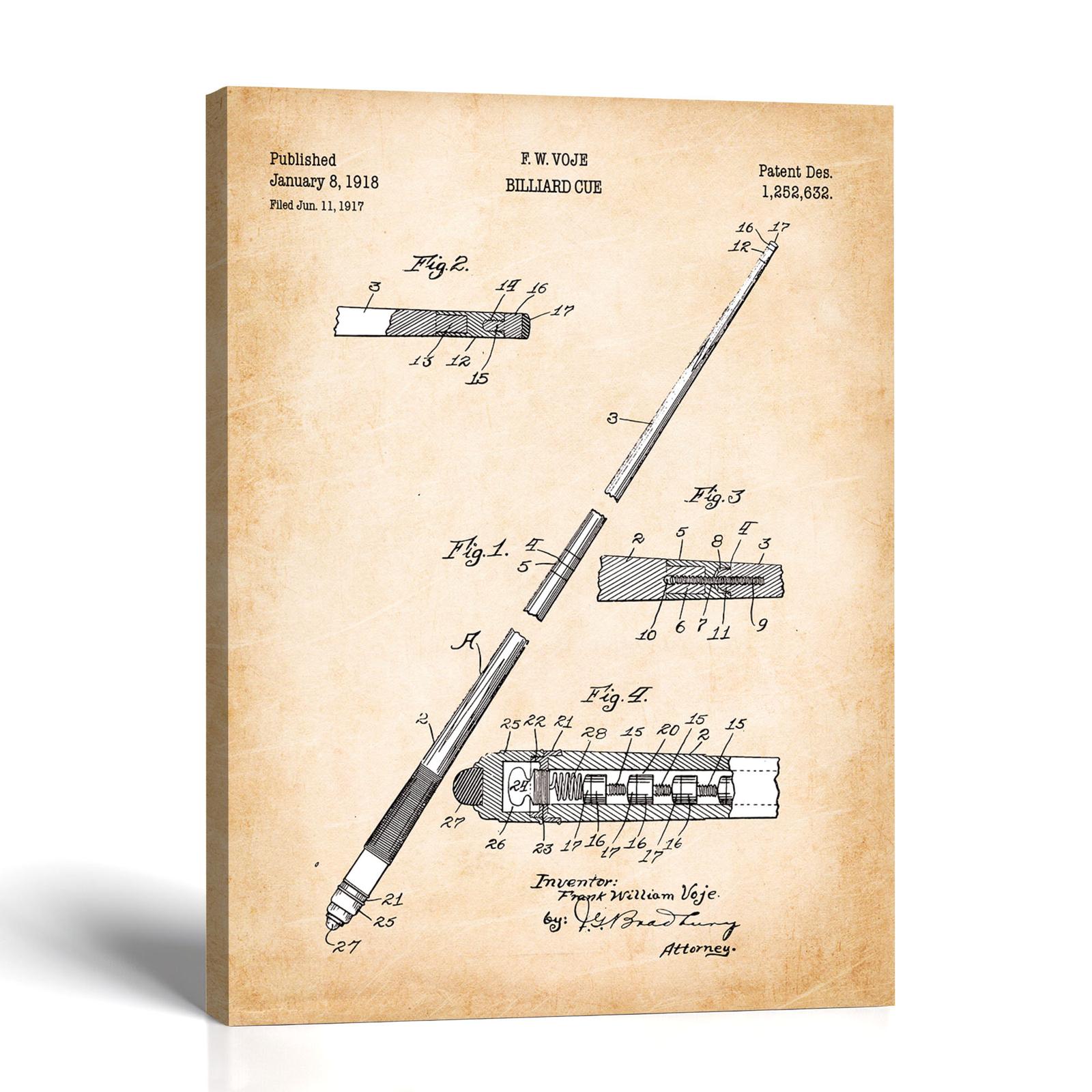 Billiard Cue Patent Canvas Print - Vintage Game Room Wall Art by Crossroads Home Decor