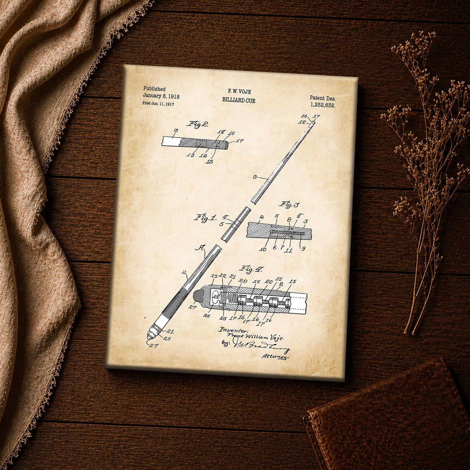 Game Room Patent Art Canvas Close-Up - Billiard Cue Patent Drawing