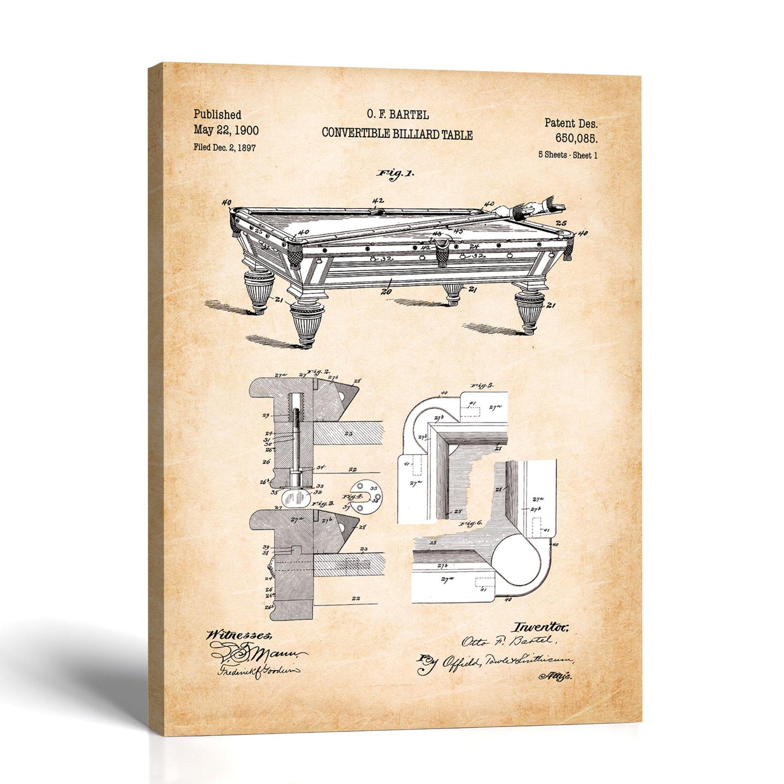 Billiard Table canvas print - 1900 Patent Drawing by Crossroads Home Decor