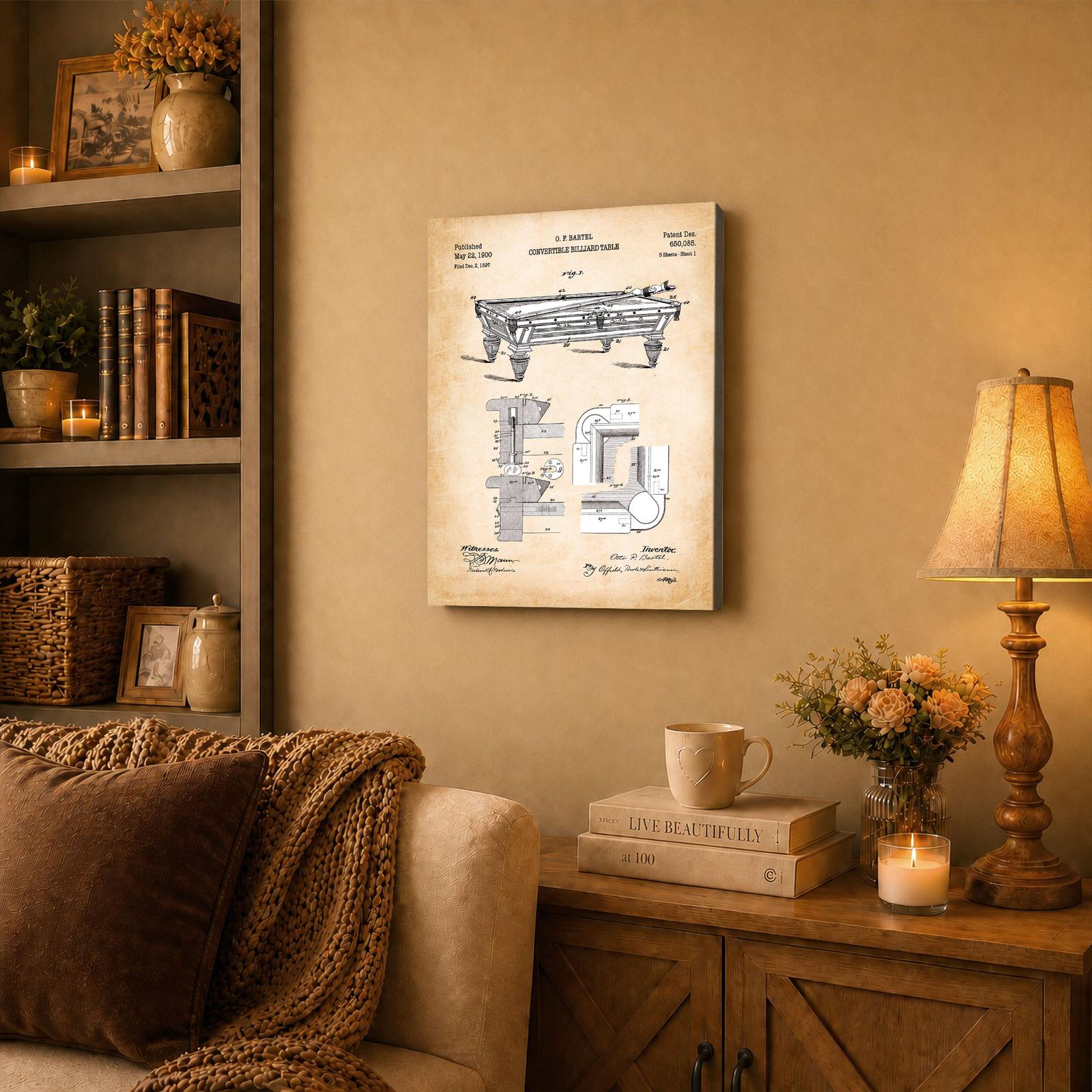 Billiard Table canvas wall art displayed in a game room