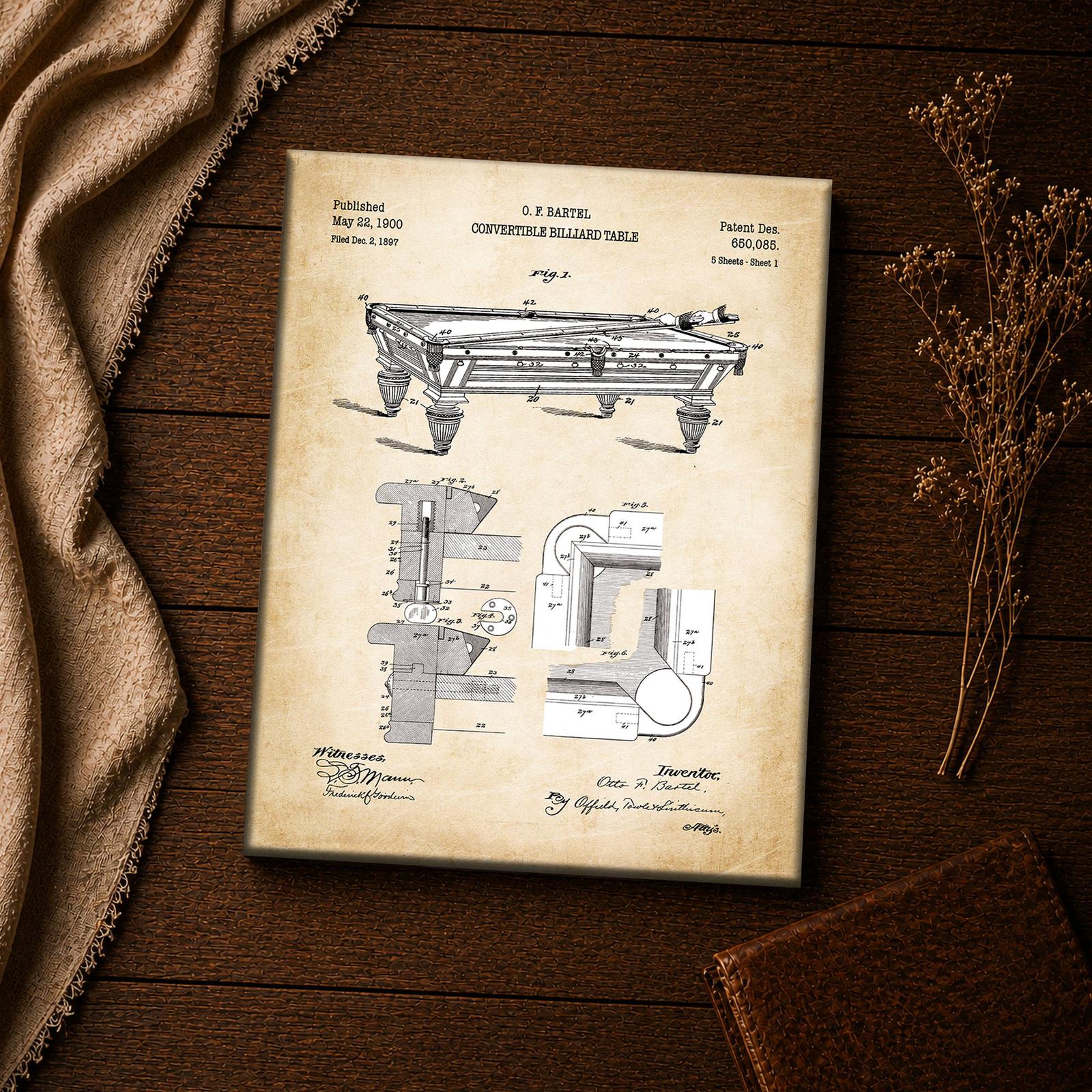 Billiard Table patent canvas print - corner pocket and rail detail