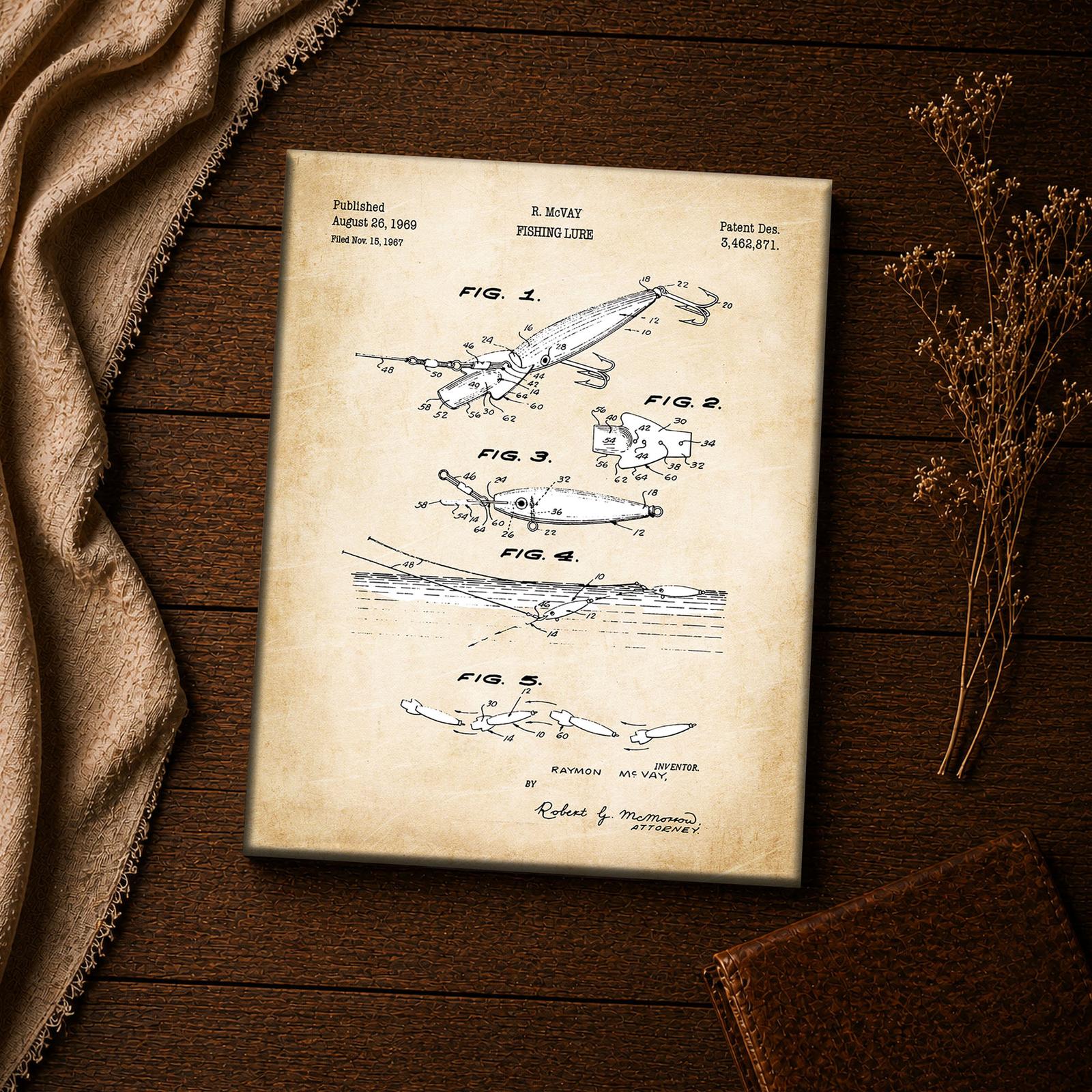 Fishing lure patent drawing canvas print - vintage tackle inspirational wall art