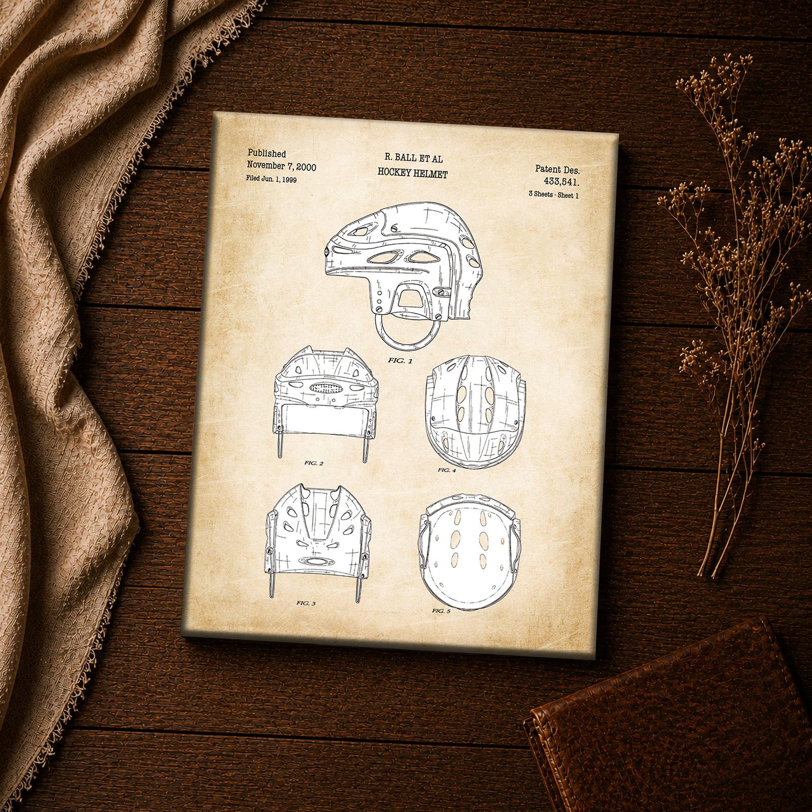 Hockey helmet patent drawing canvas print closeup, hockey wall art
